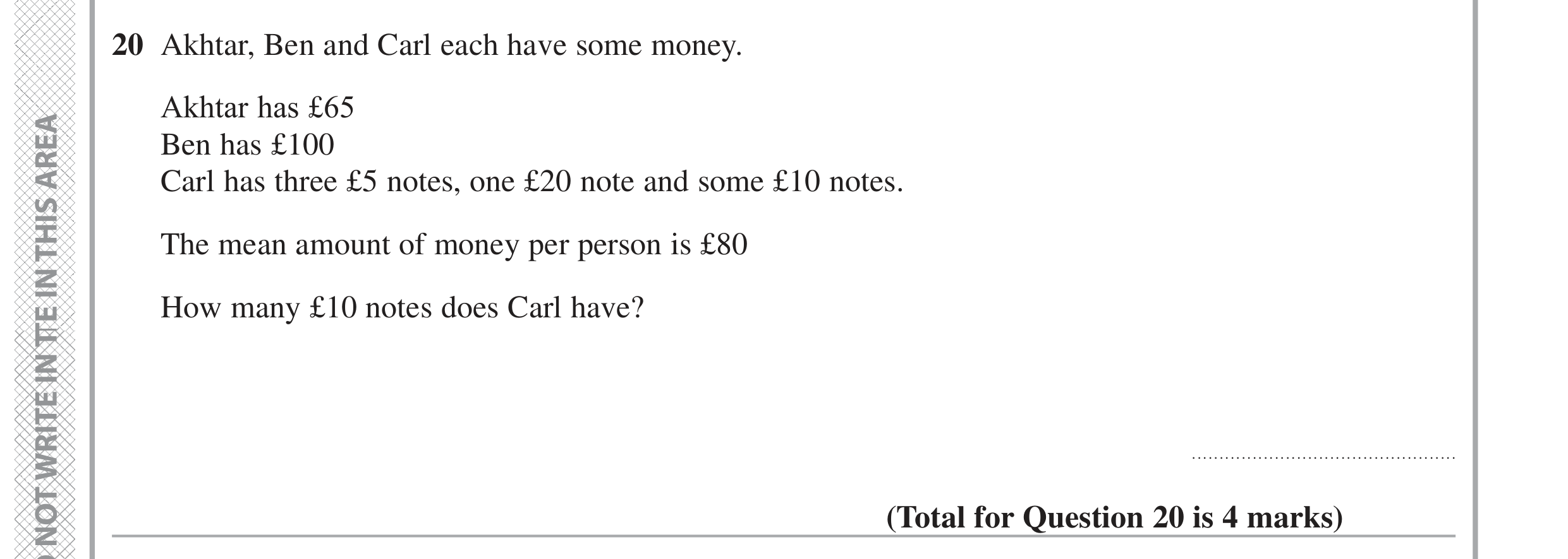 Question 20 — Mean/Median/Mode/Range — Edexcel GCSE June 2020