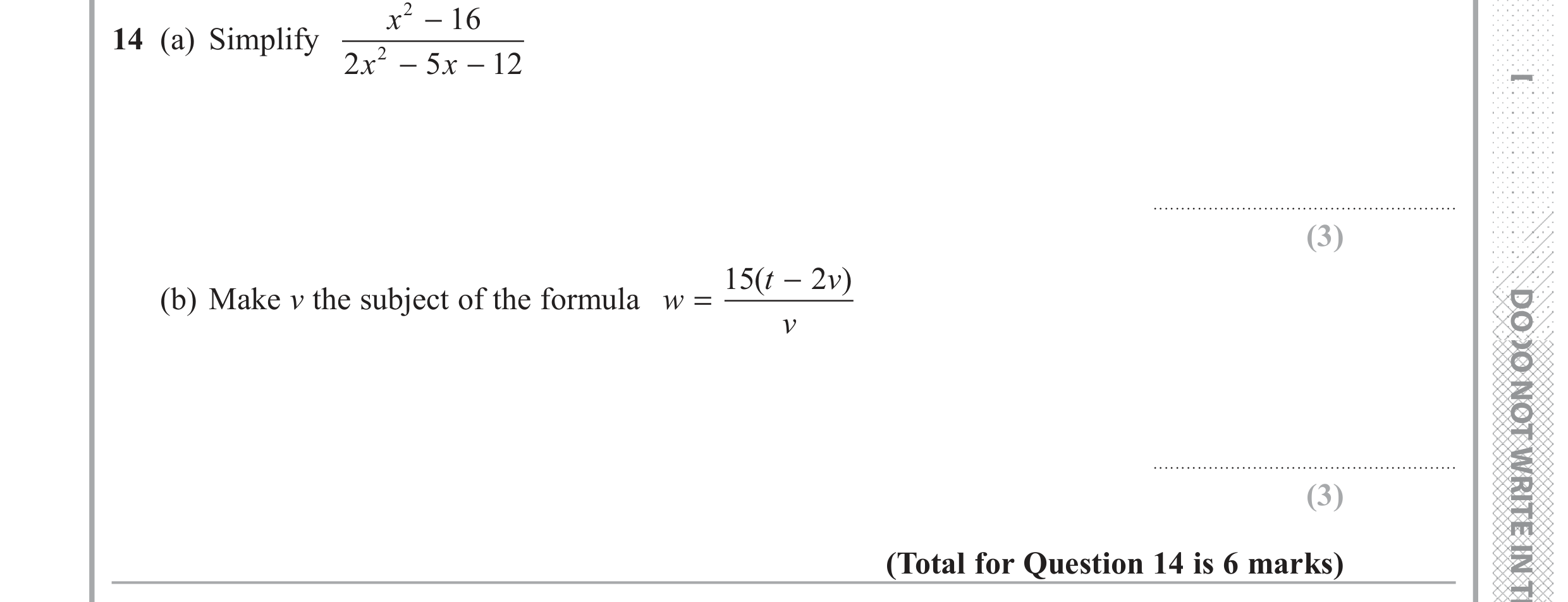 Question 14 — Algebra Fractions, Formulae — Edexcel GCSE June 2017