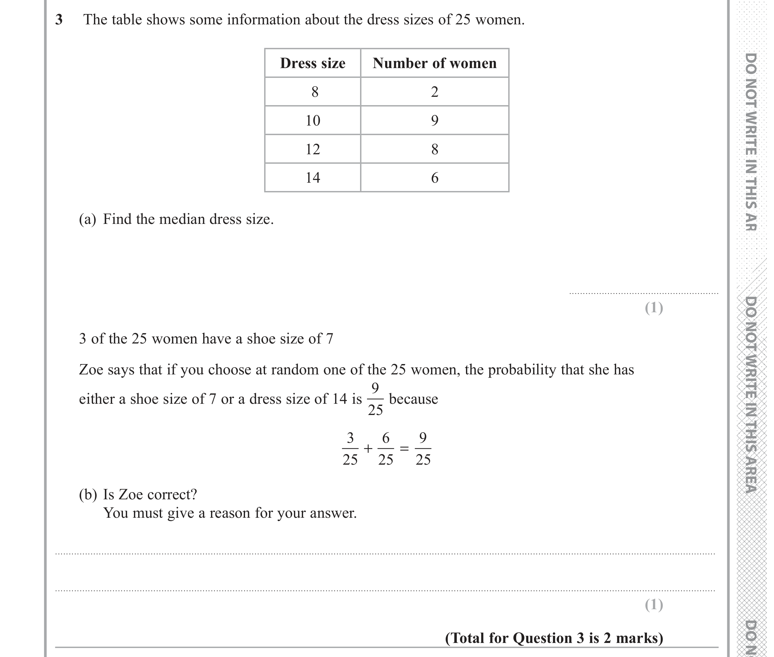 Question 3 — Frequency Tables, Probability — Edexcel GCSE June 2017