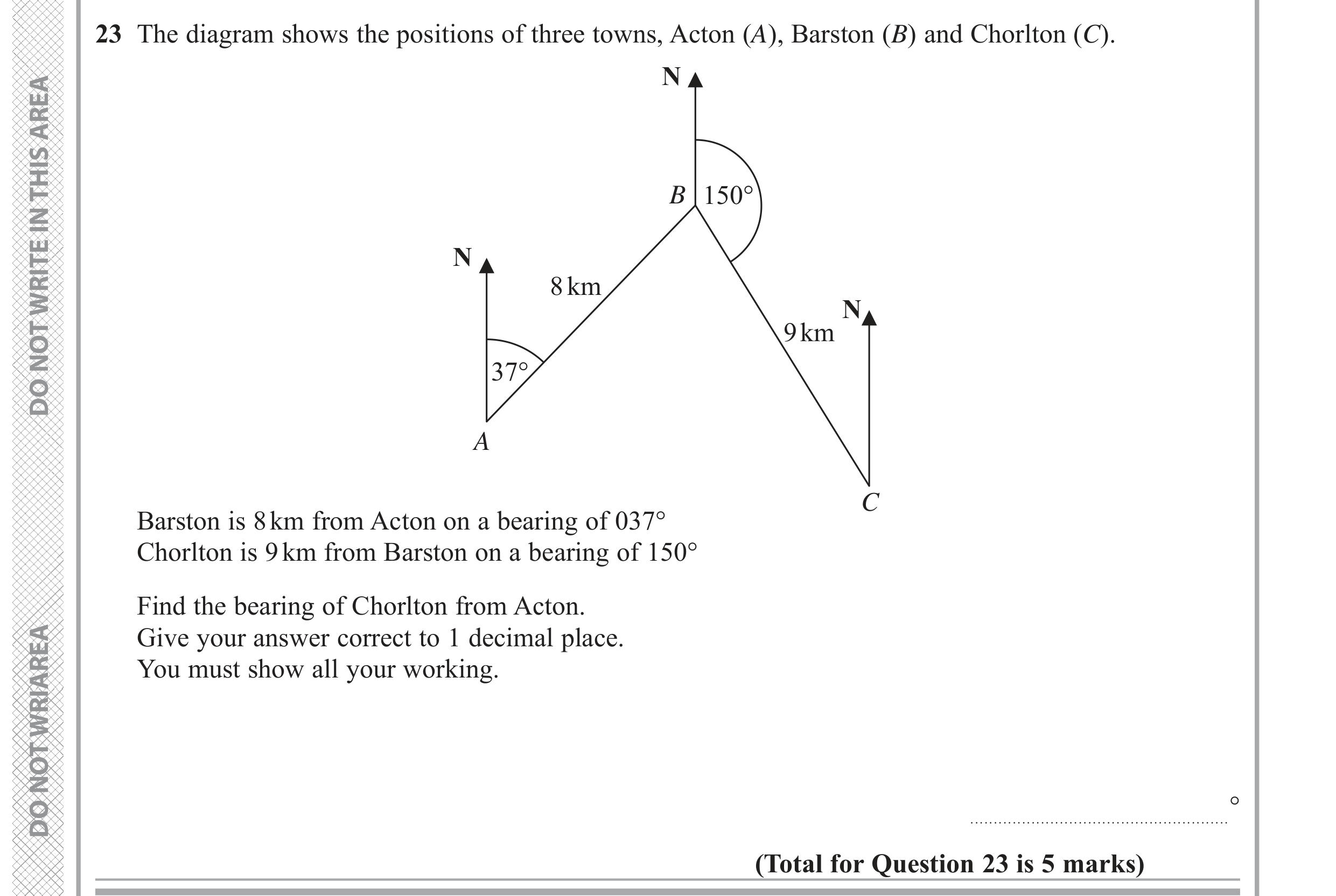 Question 23 — Bearings, Sine/Cosine Rule — Edexcel GCSE June 2019