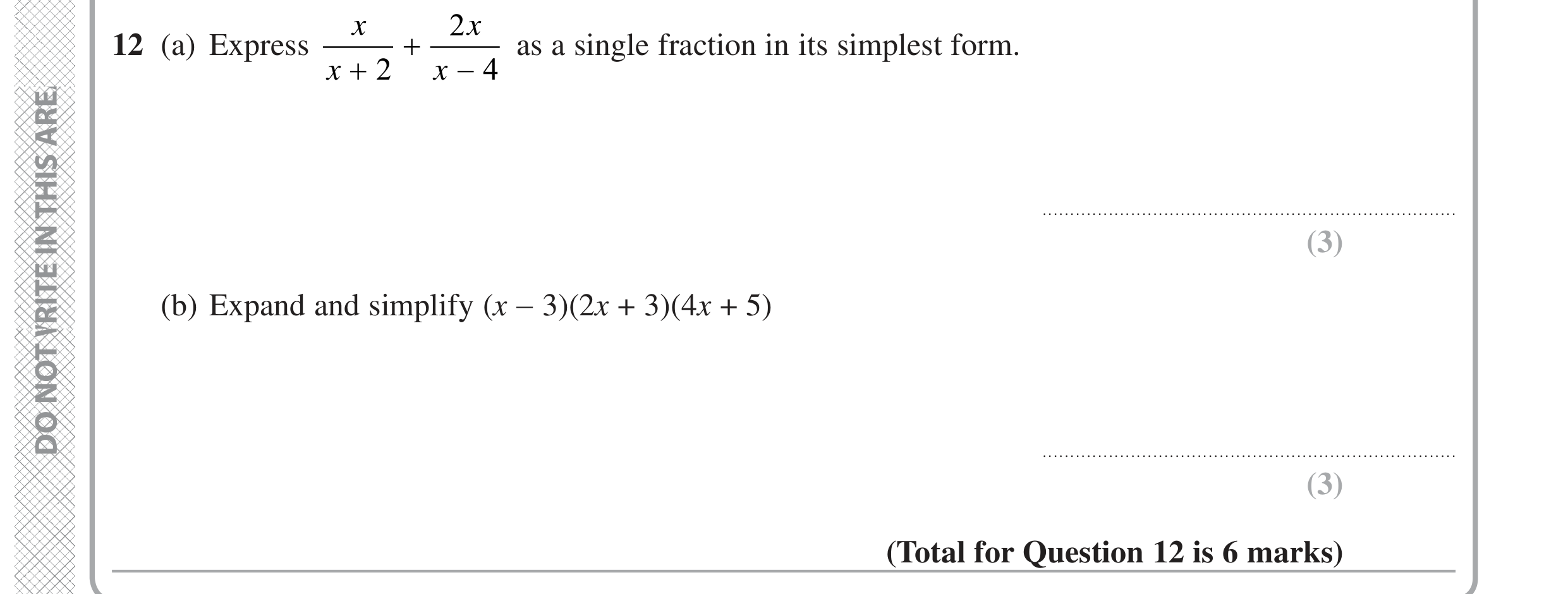 Question 12 — Algebra Fractions, Algebra (Expand/Simplify/Factorise) — Edexcel GCSE June 2020