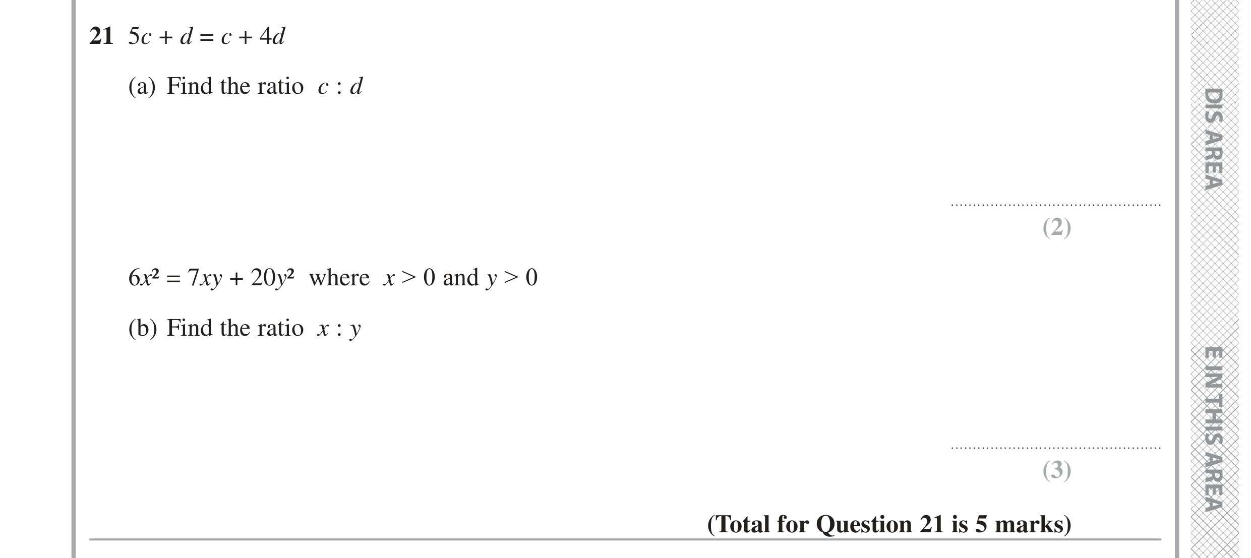 Question 21 — Ratios, Quadratic Equations — Edexcel GCSE June 2020