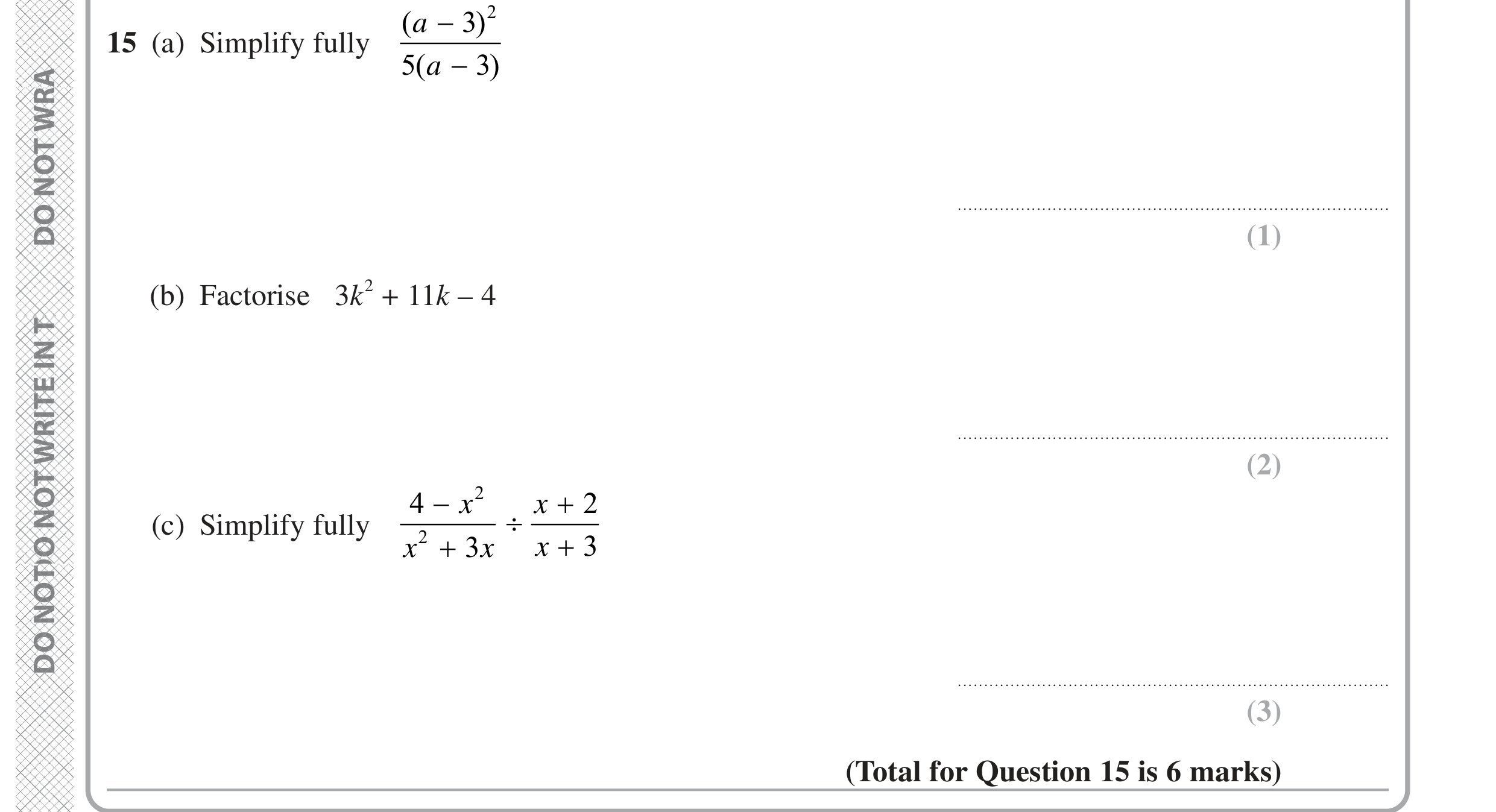 Question 15 — Algebra Fractions, Algebra (Expand/Simplify/Factorise) — Edexcel GCSE June 2024