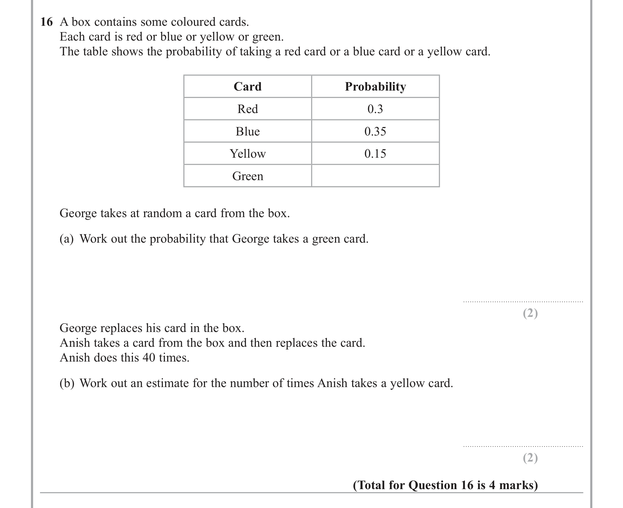 Question 16 — Probability — Edexcel iGCSE June 2013