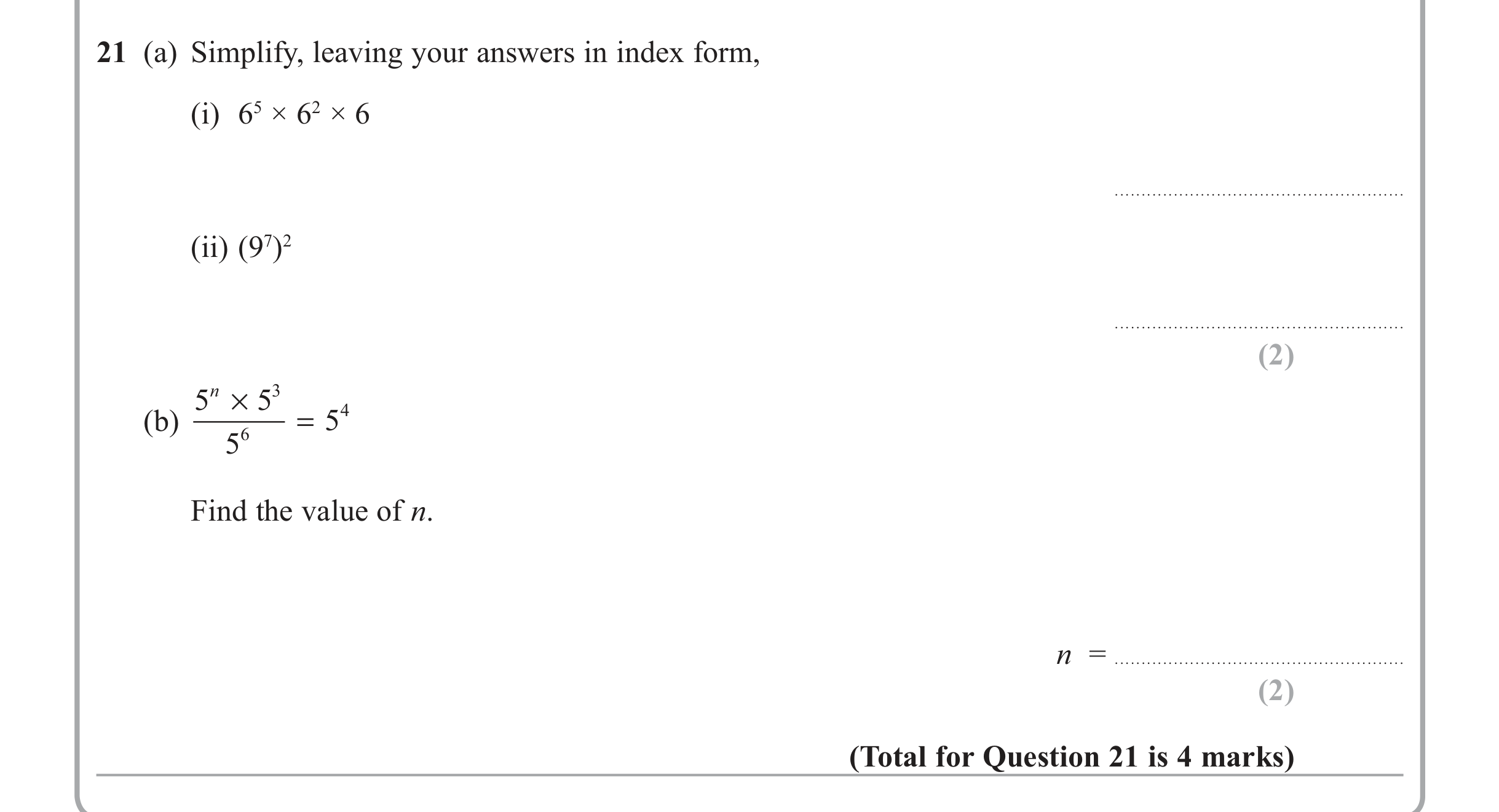 Question 21 — Indices and Surds — Edexcel iGCSE June 2013