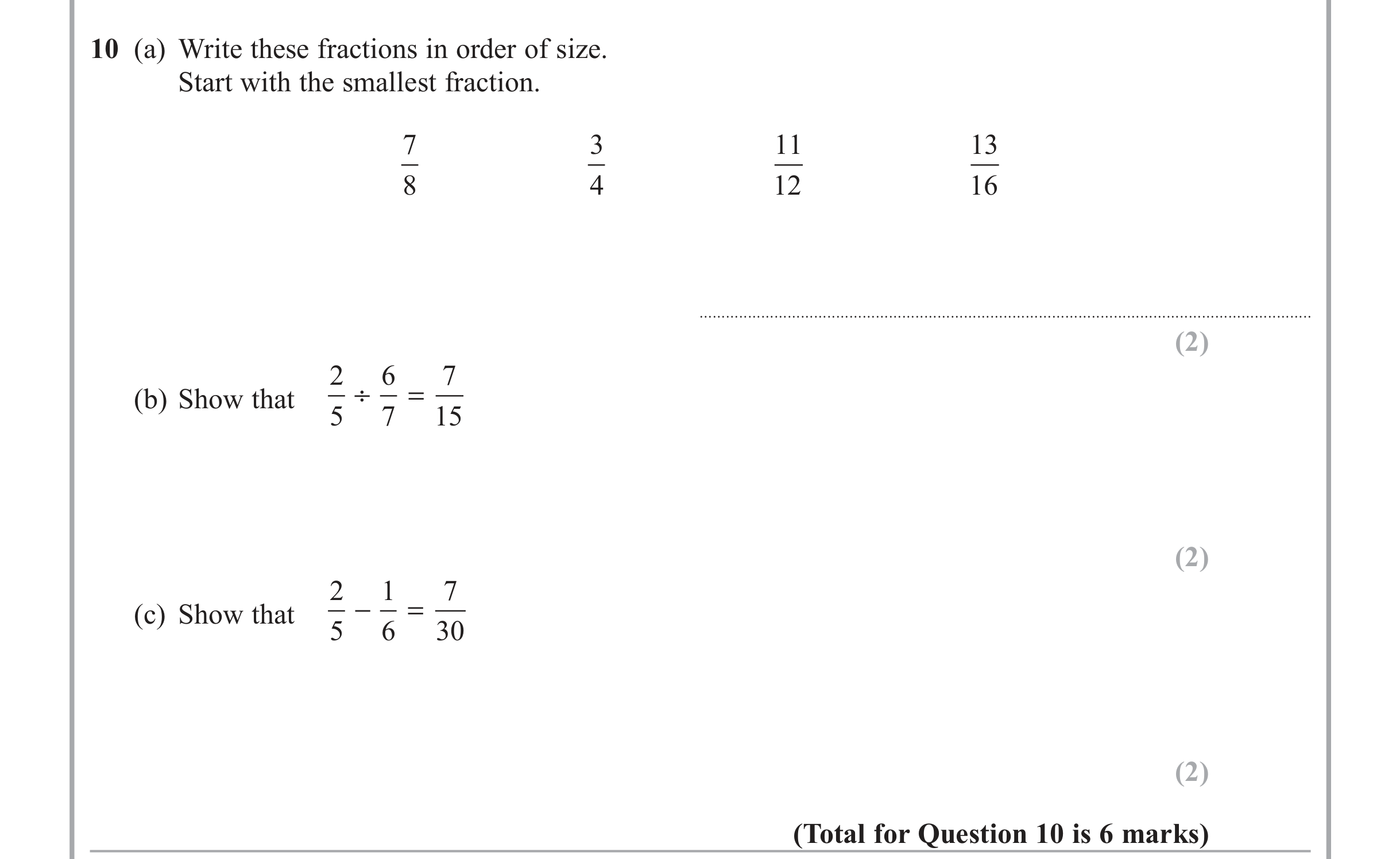 Question 10 — Fractions — Edexcel iGCSE June 2015