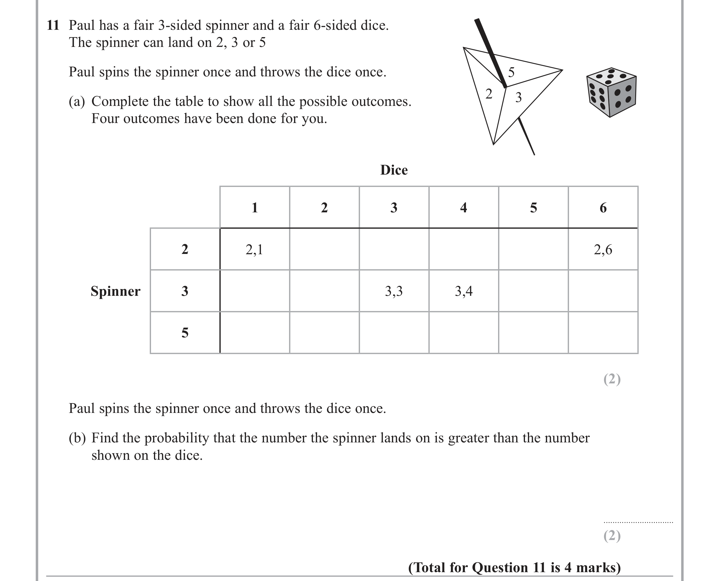 Question 11 — Probability — Edexcel iGCSE June 2015