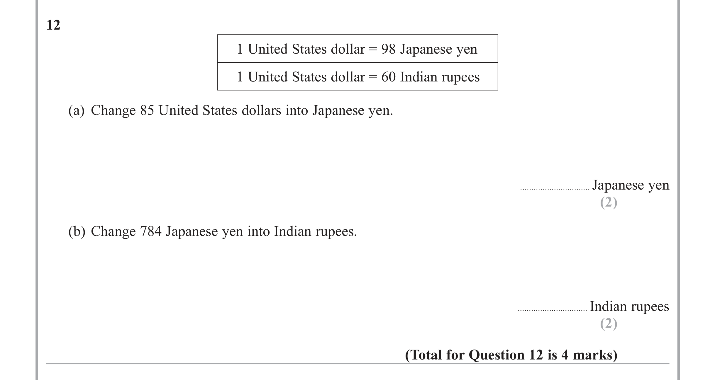 Question 12 — Exchange Rate — Edexcel iGCSE June 2015