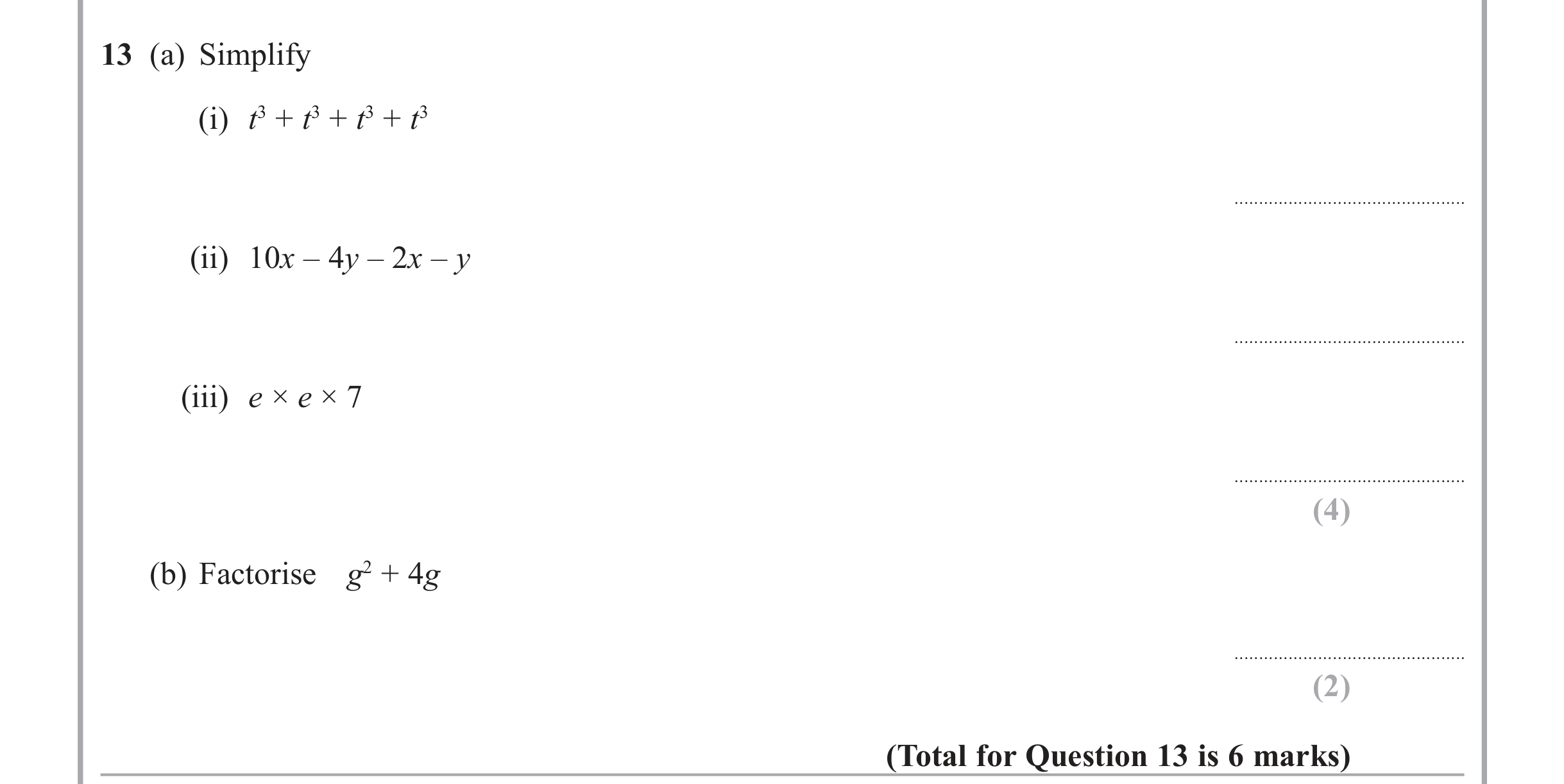 Question 13 — Factorise/Expand/Simplify — Edexcel iGCSE June 2015