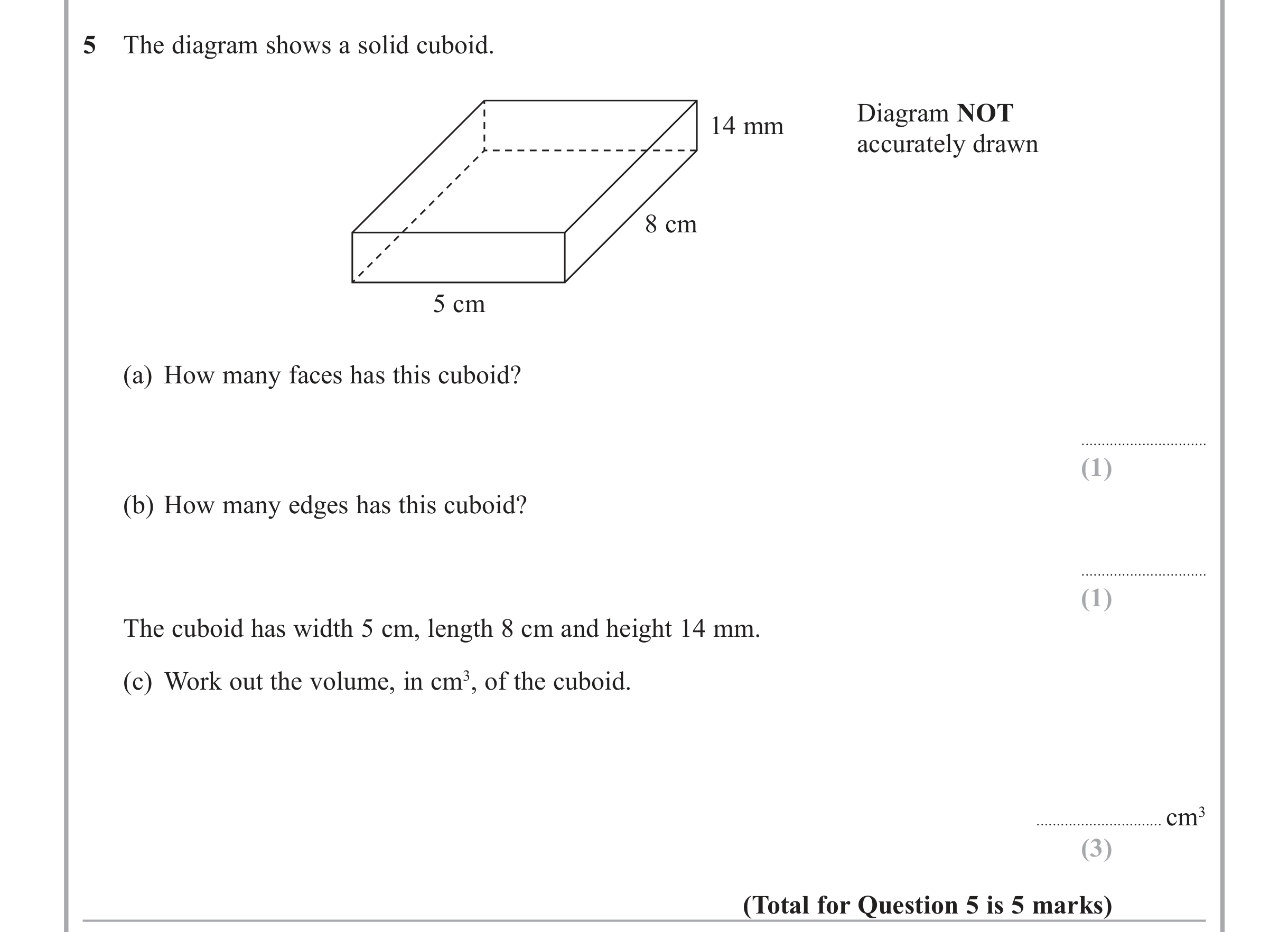 Question 5 — 3D Shapes and Volume — Edexcel iGCSE June 2015
