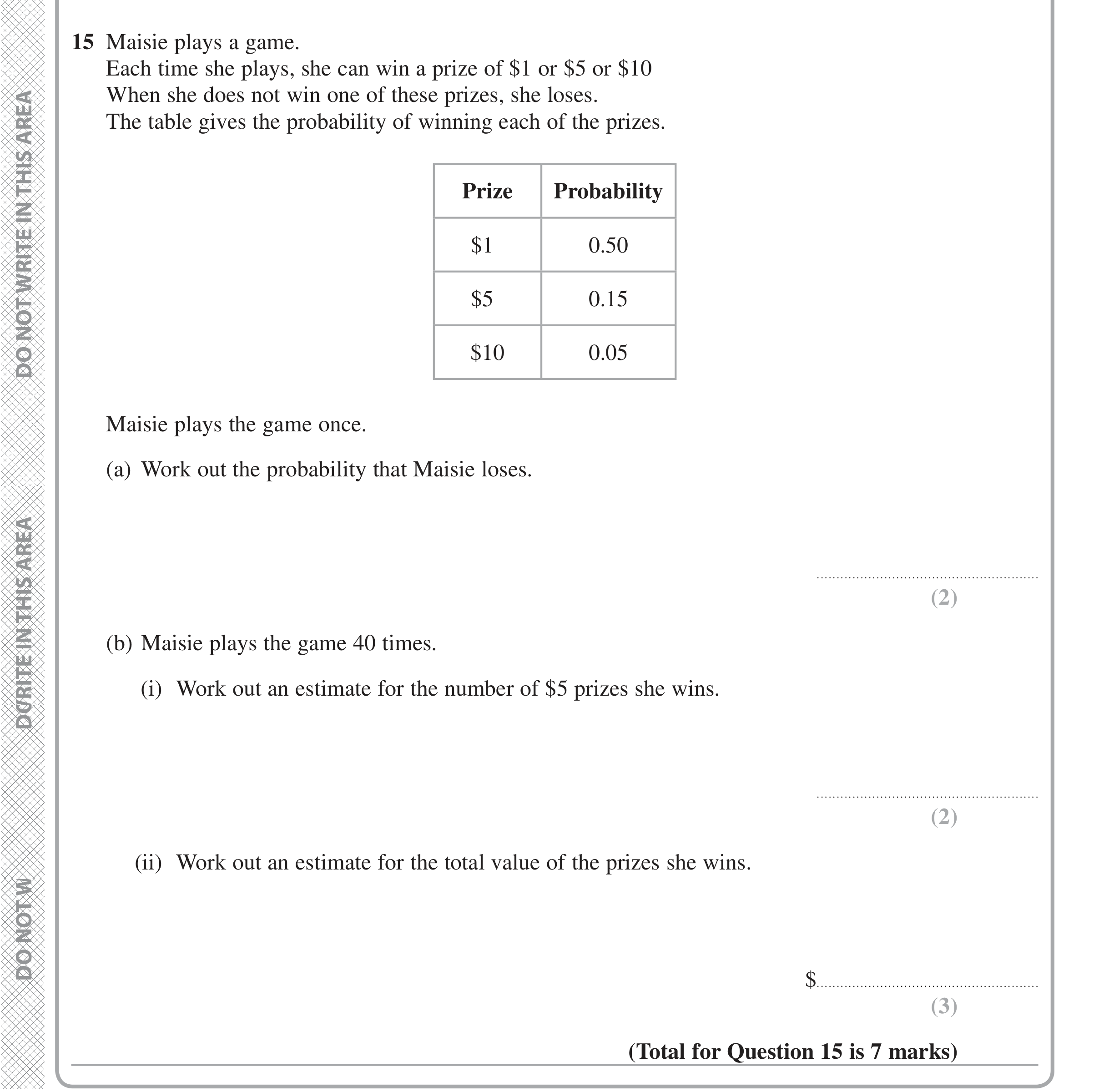Question 15 — Probability — Edexcel iGCSE Jan 2016