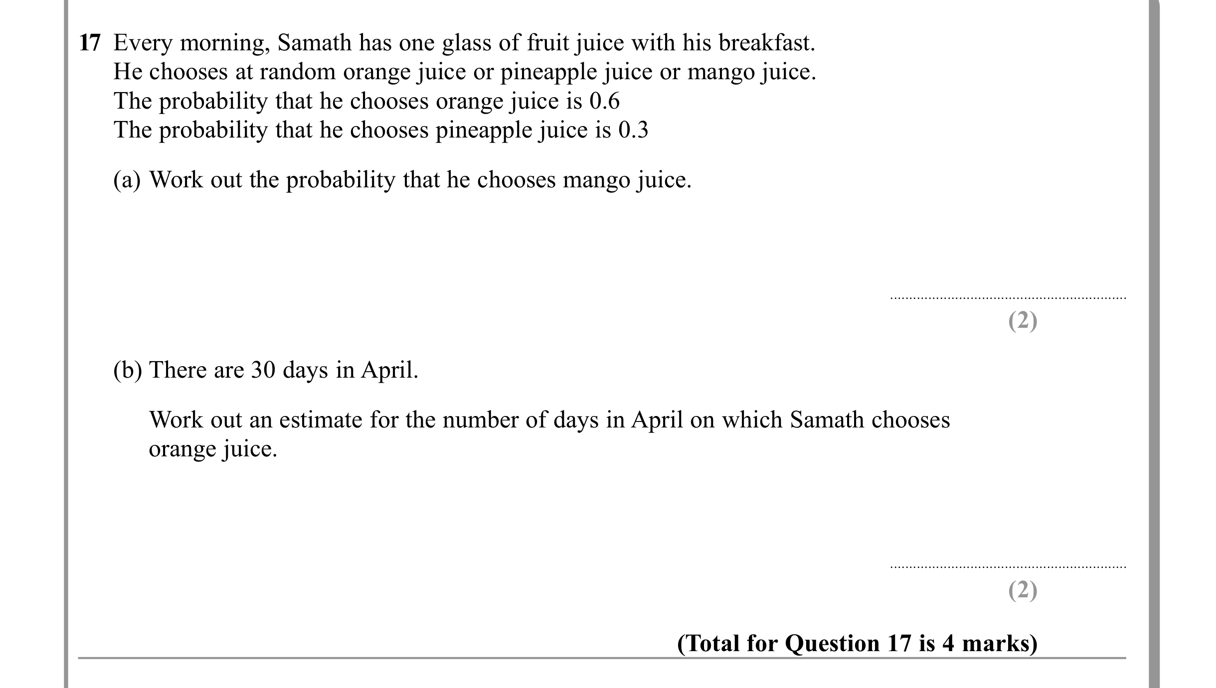 Question 17 — Probability — Edexcel iGCSE June 2011