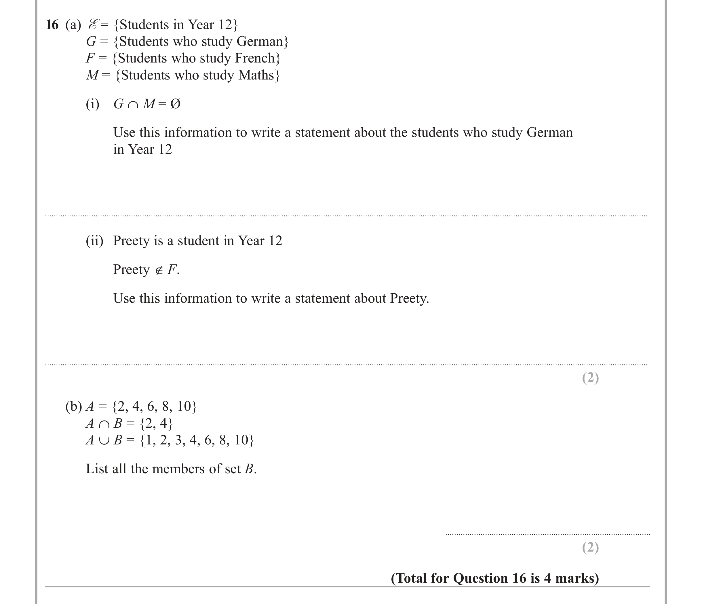 Question 16 — Venn Diagram — Edexcel iGCSE Jan 2012