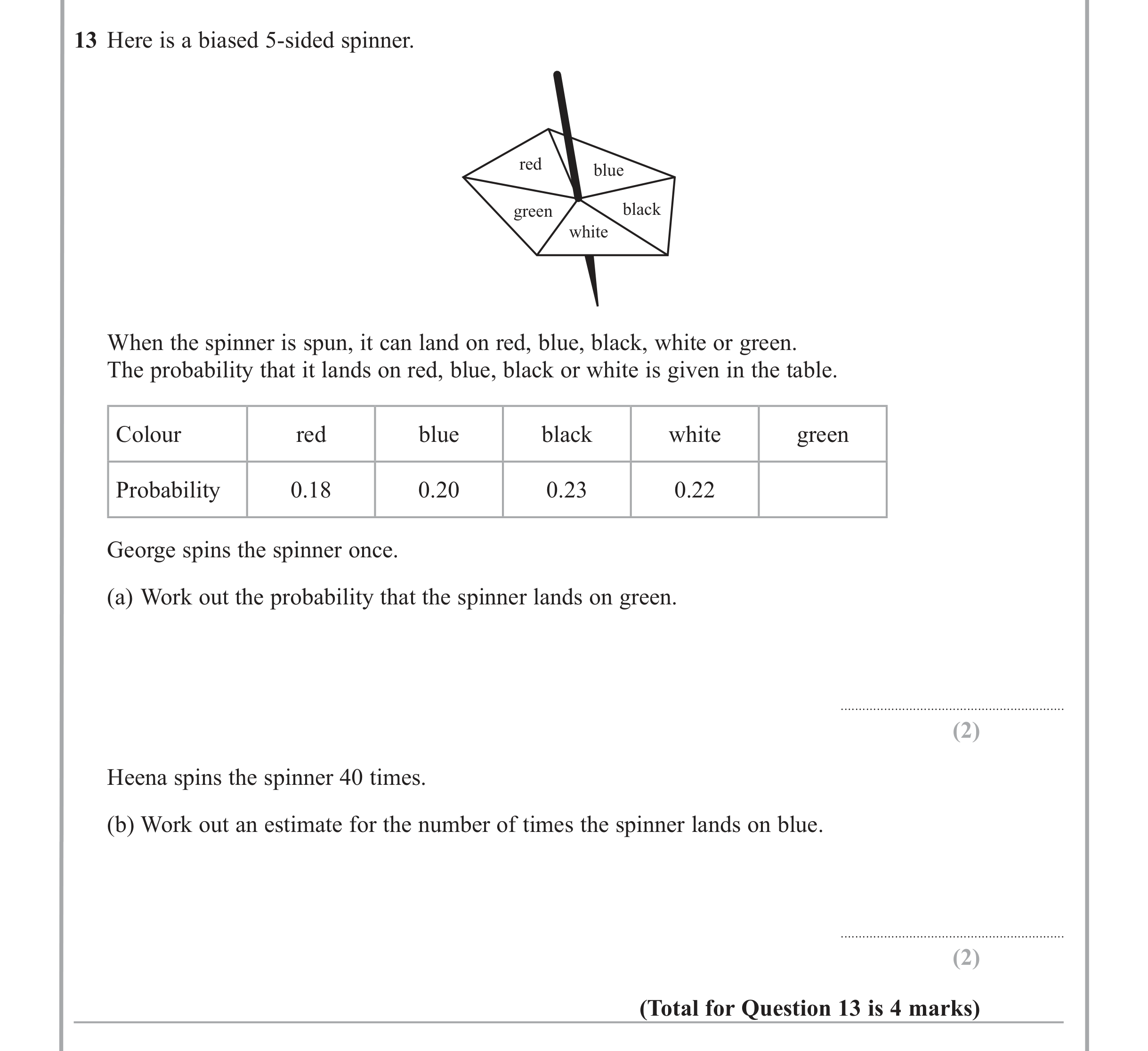 Question 13 — Probability — Edexcel iGCSE Jan 2013