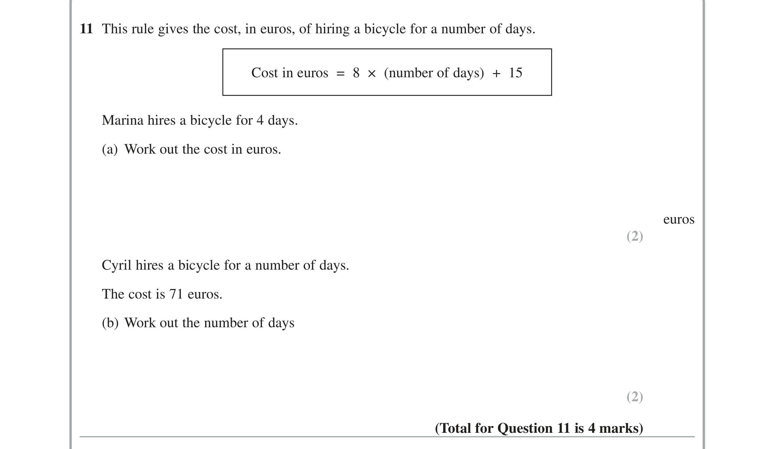 Question 11 — Formulae — Edexcel iGCSE June 2015