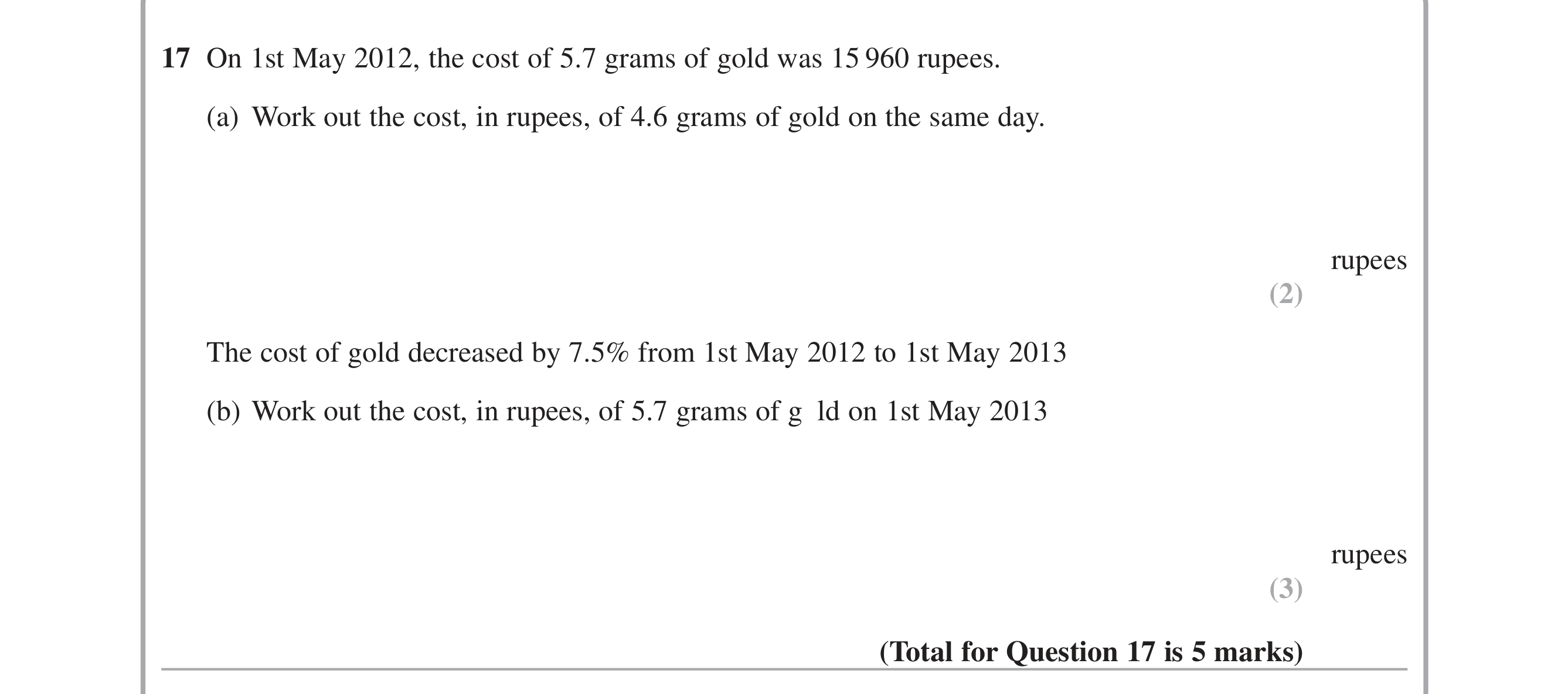 Question 17 — Unit Conversions, Percentages — Edexcel iGCSE June 2015