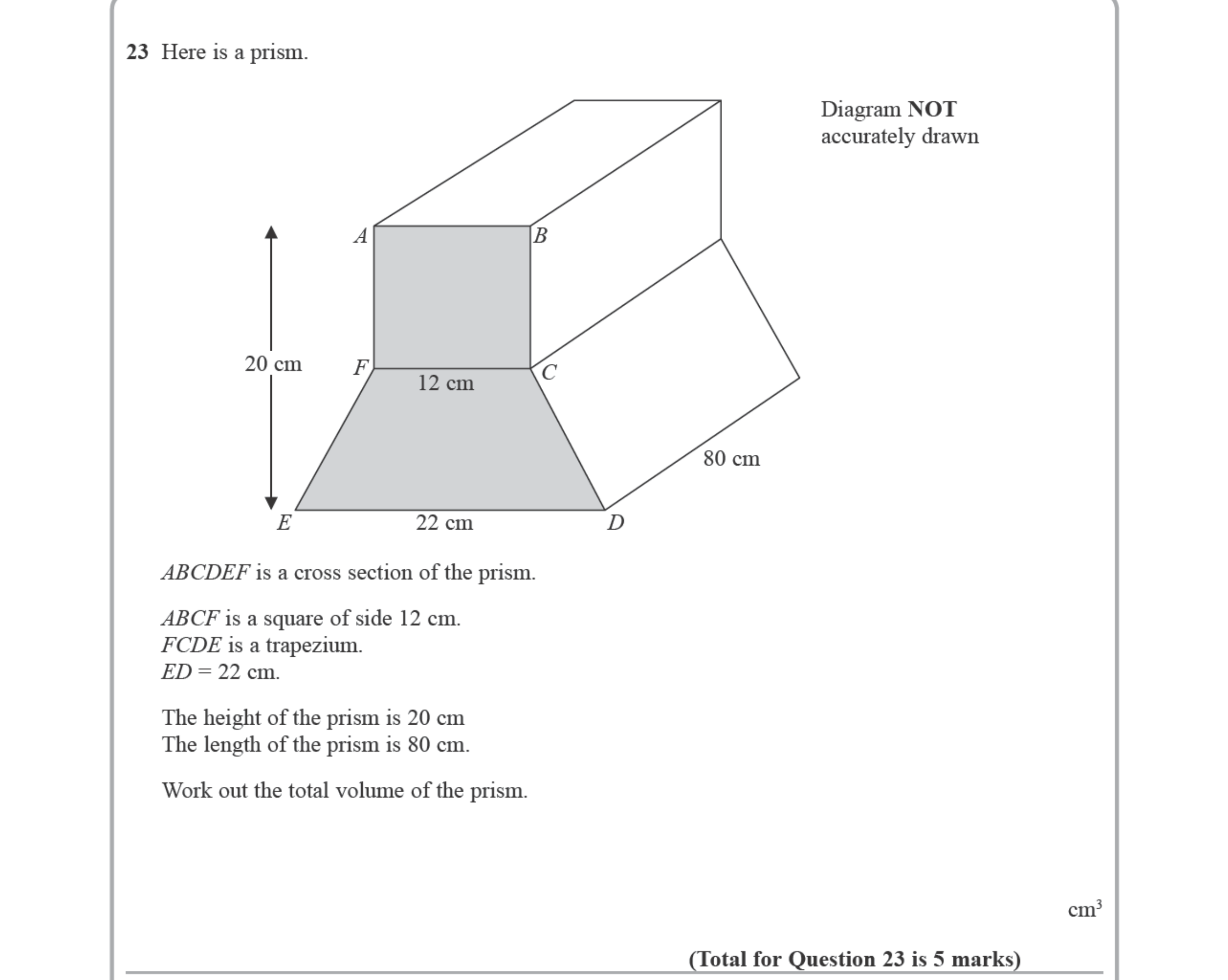 Question 23 — 3D Shapes and Volume — Edexcel iGCSE June 2015