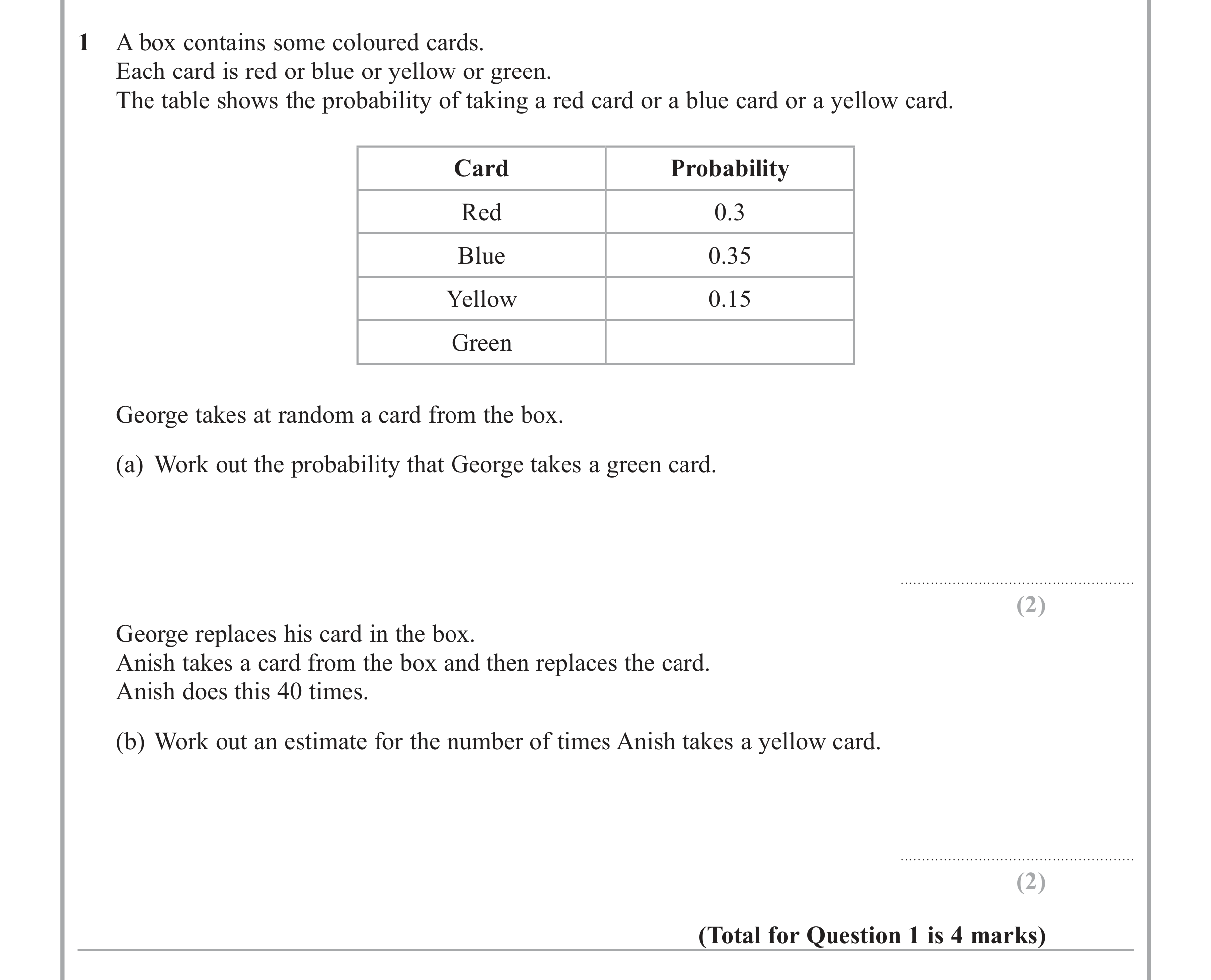 Question 1 — Probability — Edexcel iGCSE June 2013