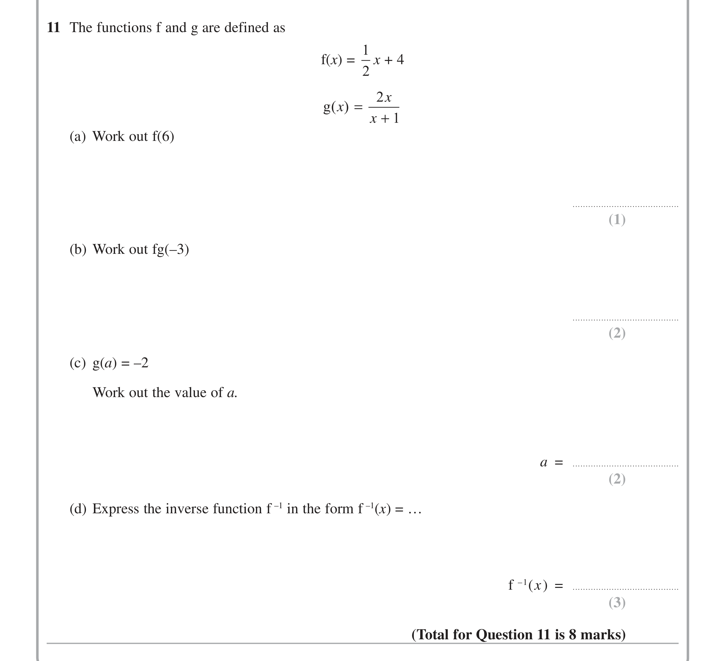 Question 11 — Functions — Edexcel iGCSE June 2014