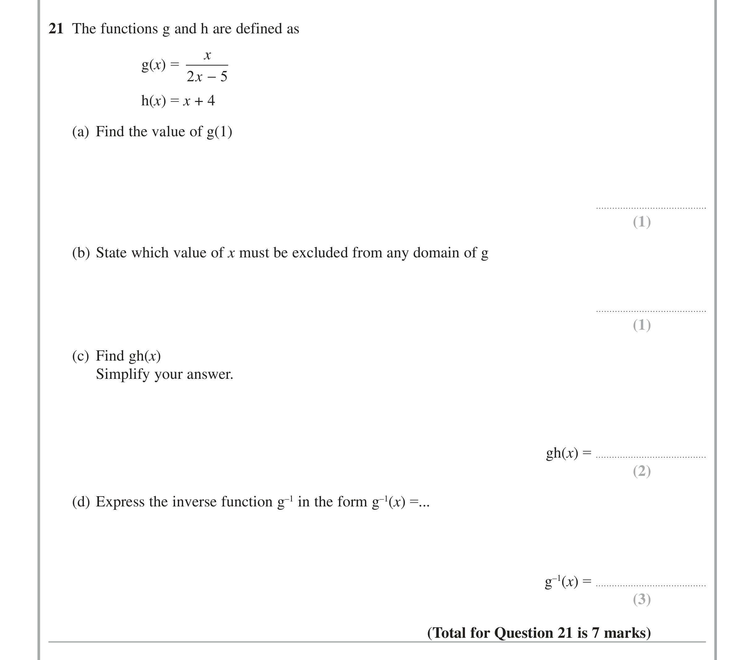 Question 21 — Functions — Edexcel iGCSE Jan 2015