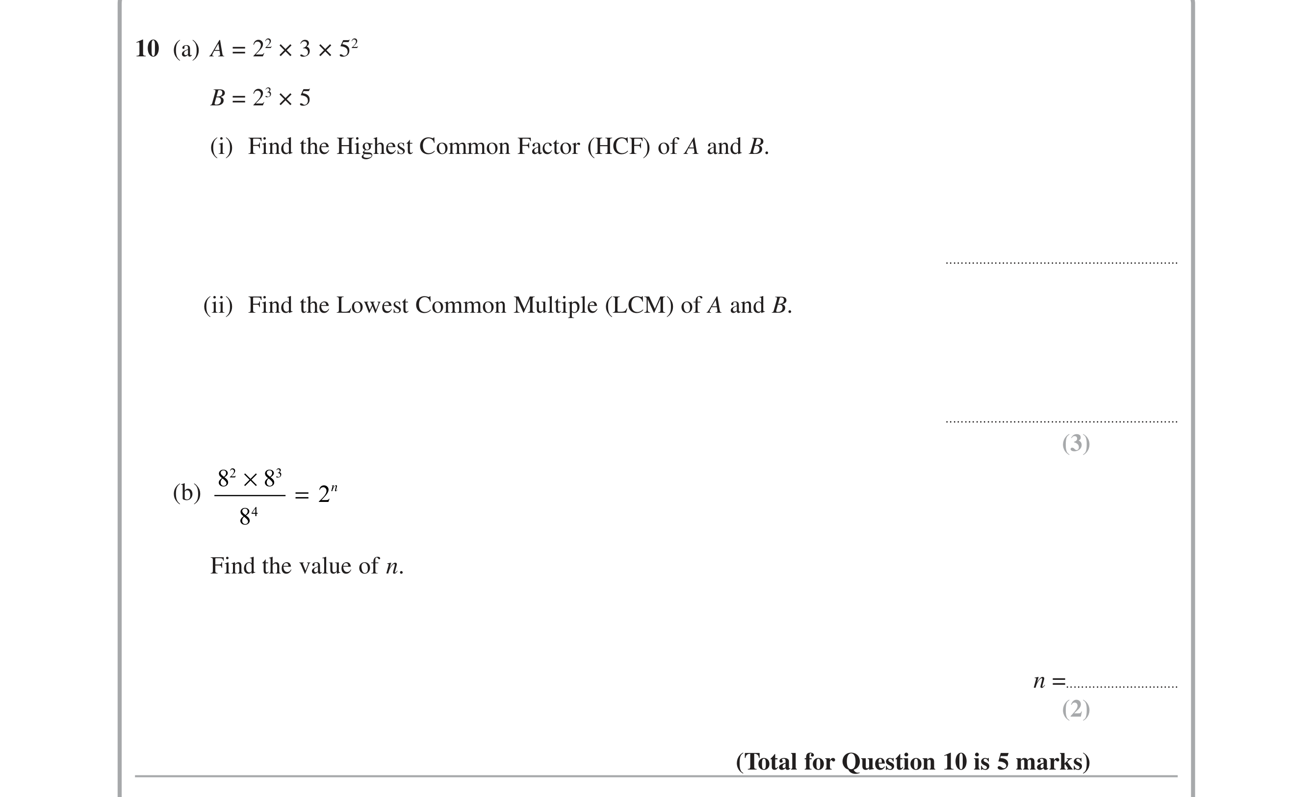 Question 10 — HCF and LCM, Powers — Edexcel iGCSE June 2015