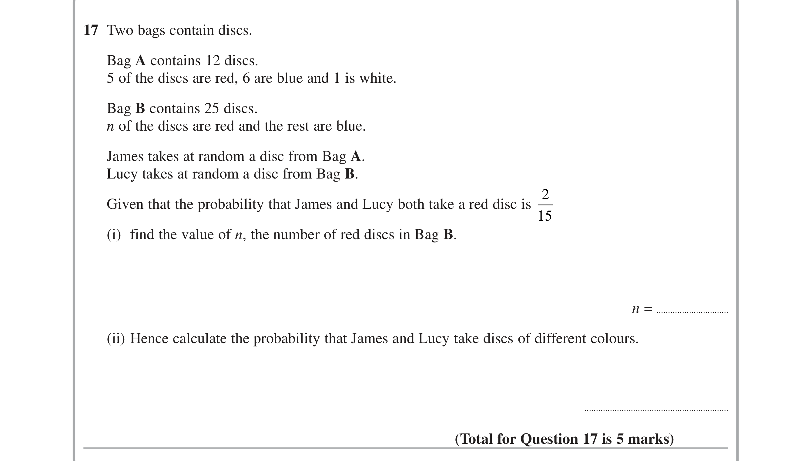 Question 17 — Probability — Edexcel iGCSE June 2015