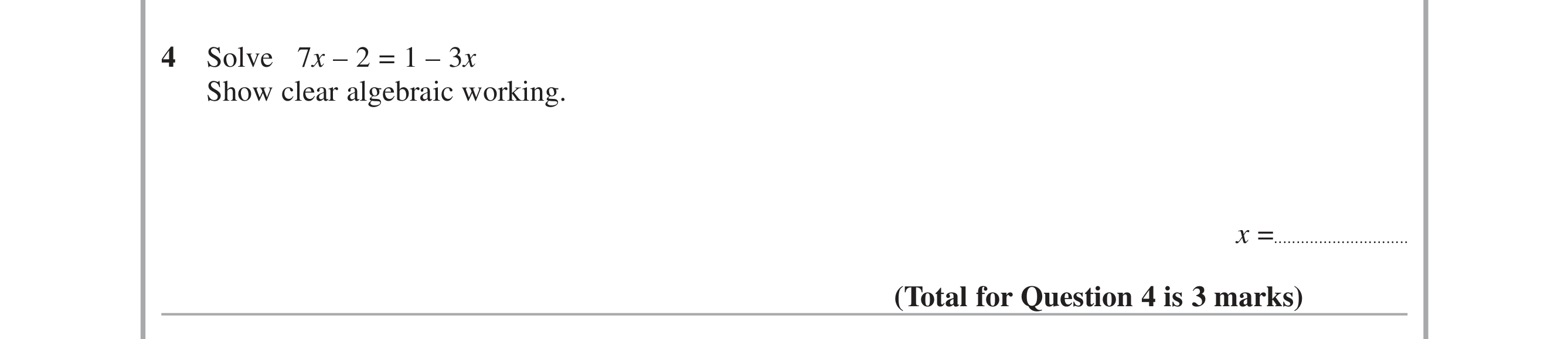 Question 4 — Linear Equations — Edexcel iGCSE June 2015