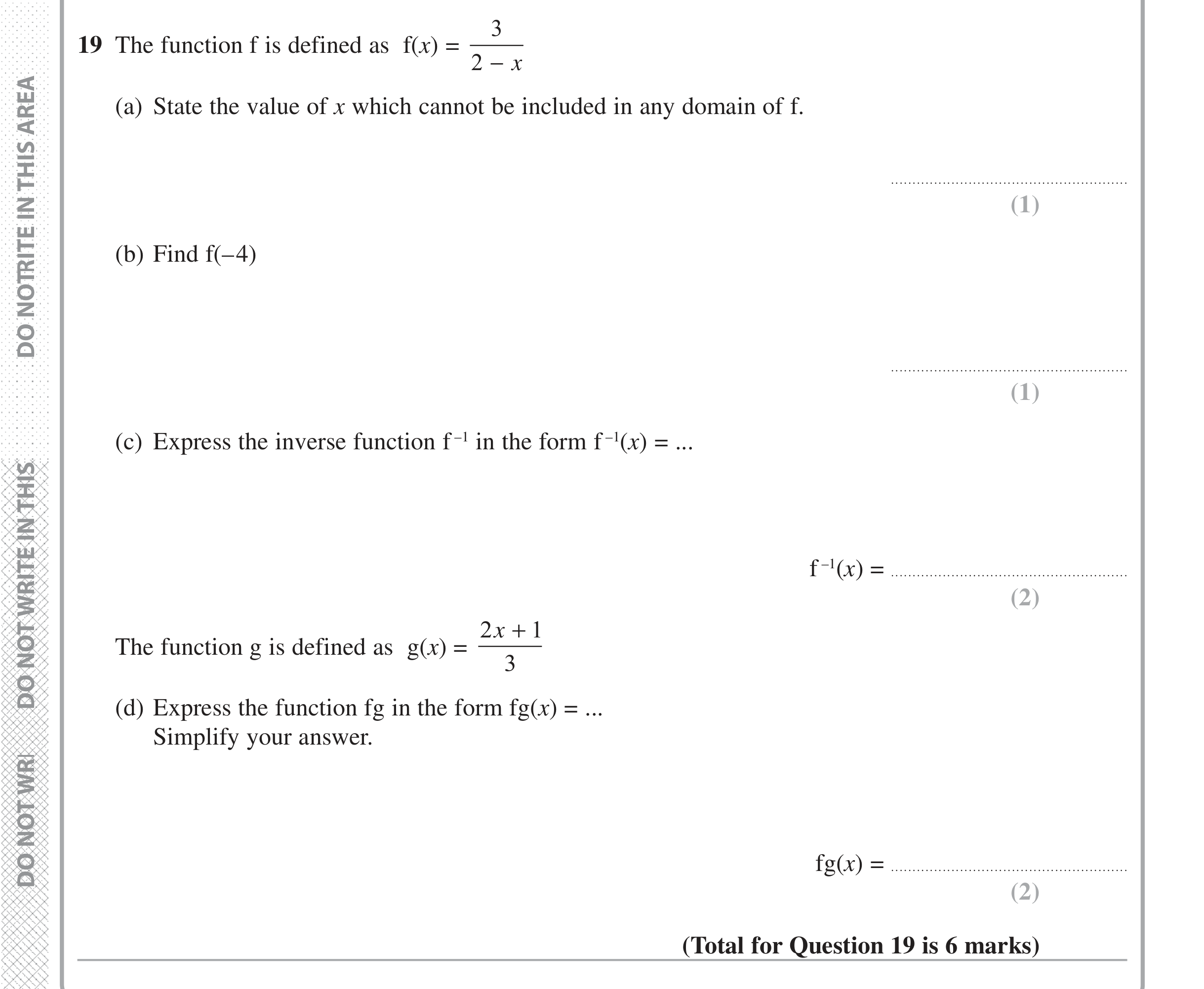 Question 19 — Functions — Edexcel iGCSE Jan 2017