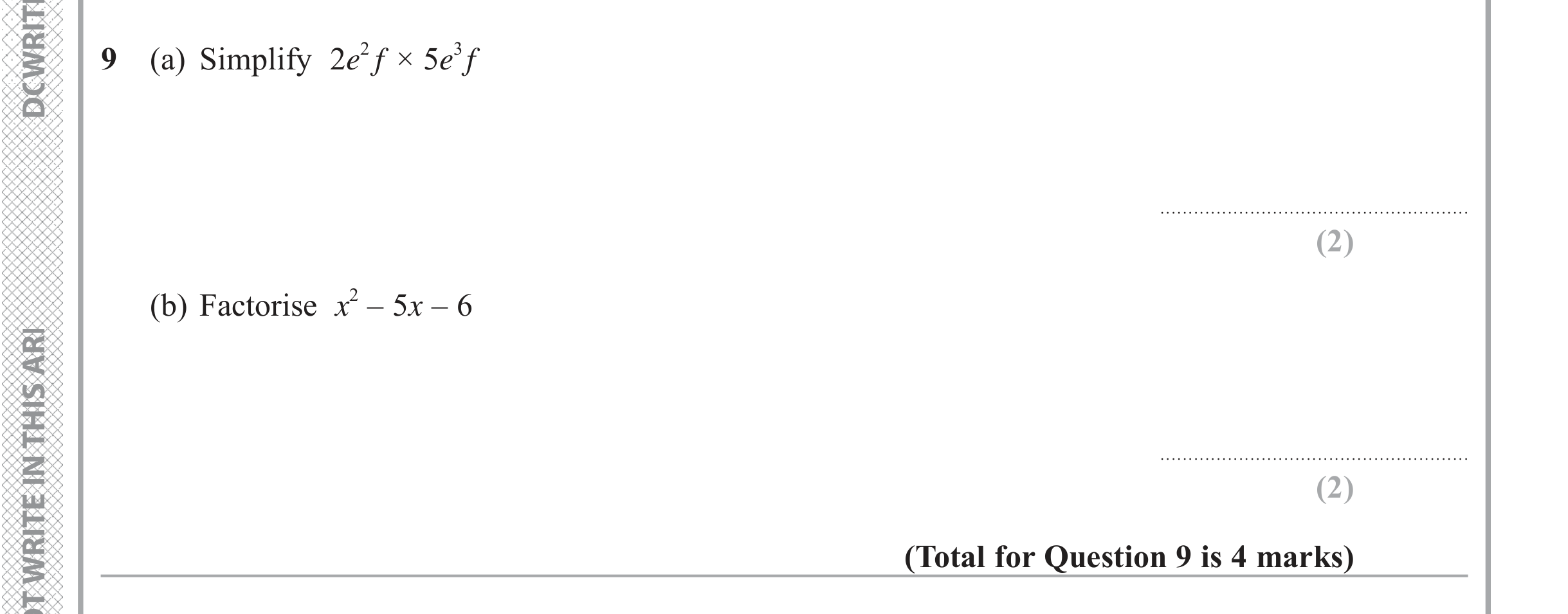 Question 9 — Quadratics — Edexcel iGCSE June 2017