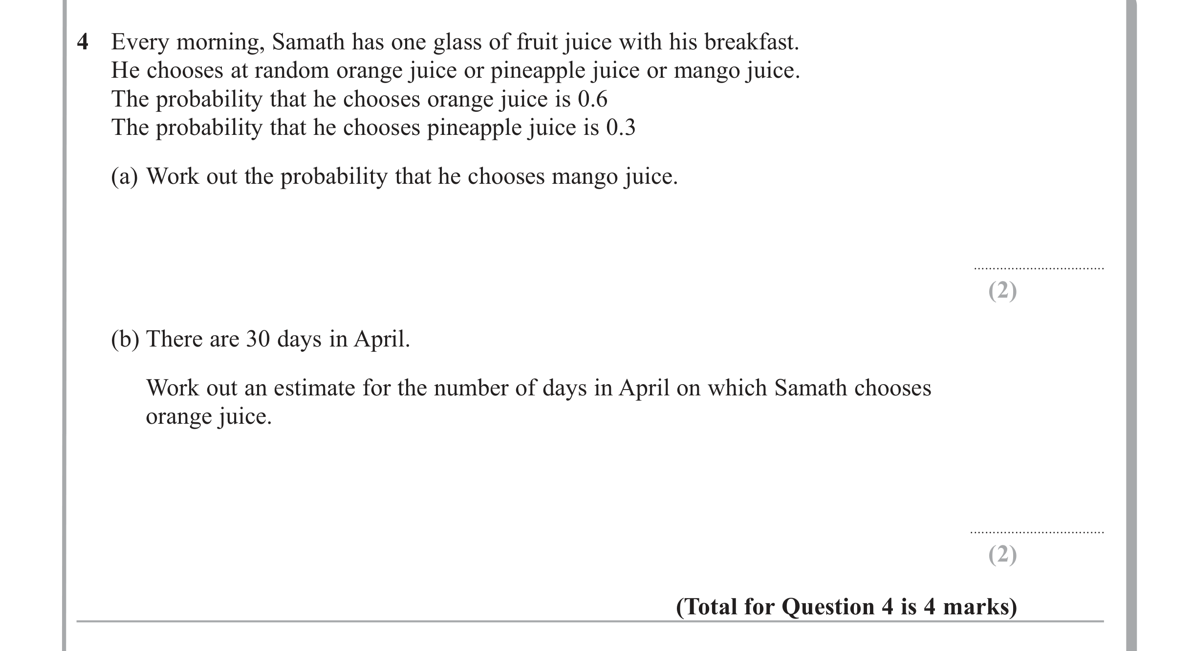 Question 4 — Probability — Edexcel iGCSE June 2011