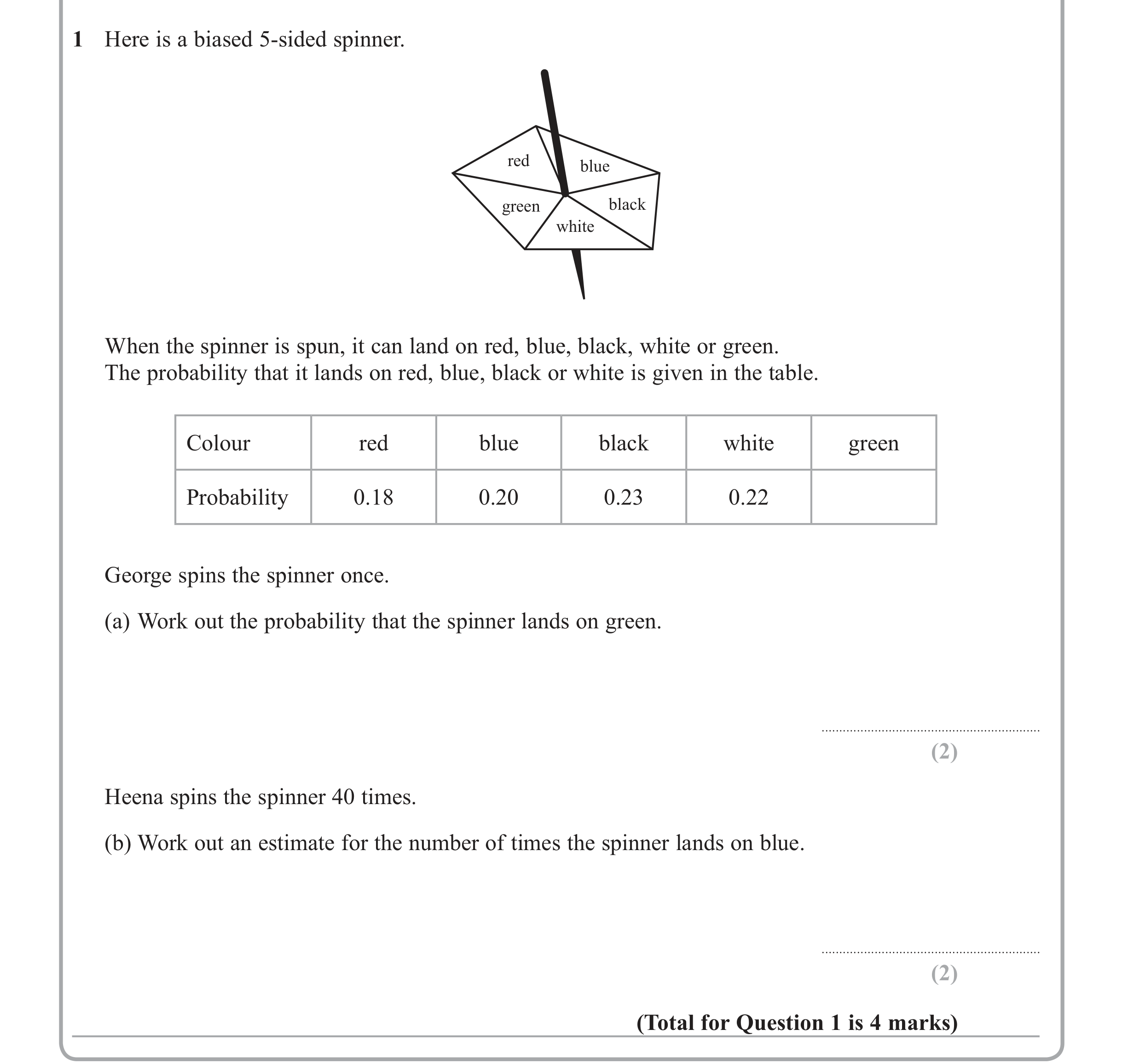 Question 1 — Probability — Edexcel iGCSE Jan 2013