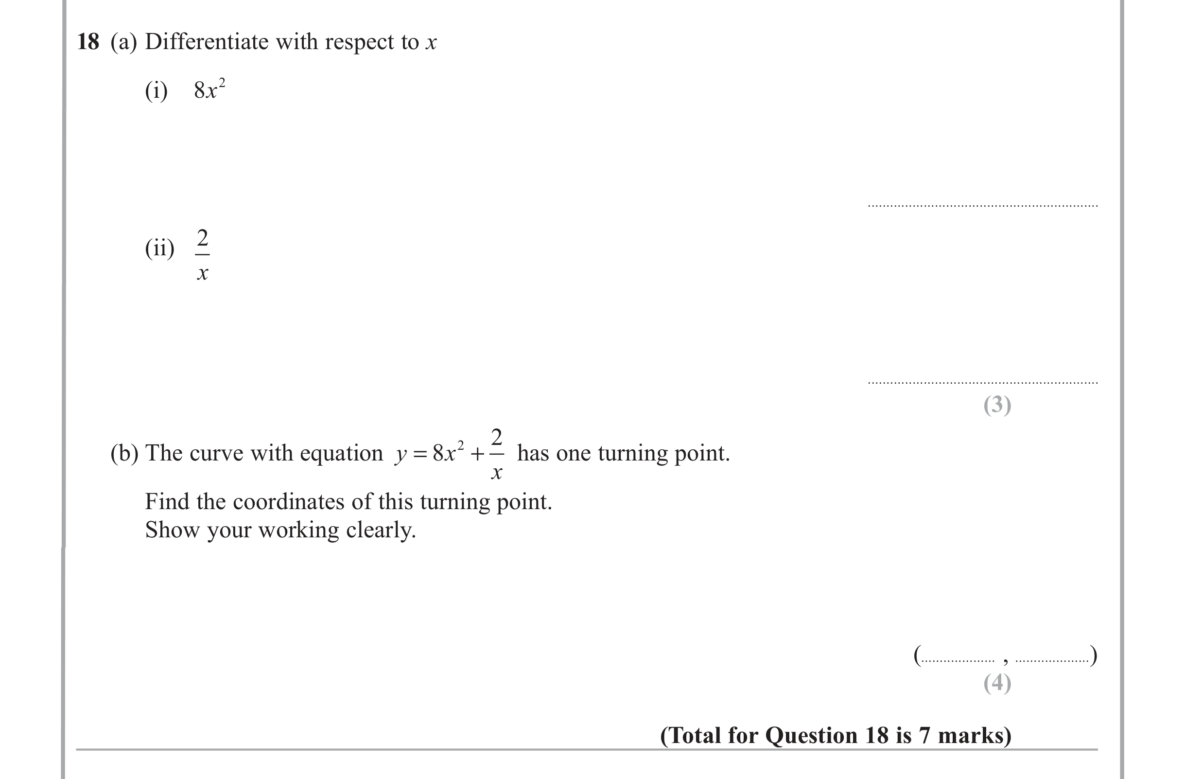 Question 18 — Differentiation — Edexcel iGCSE Jan 2013