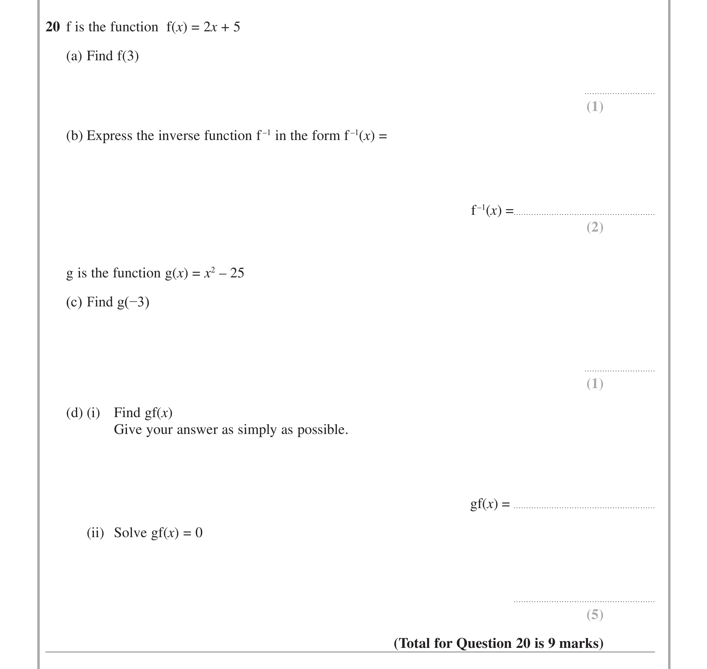 Question 20 — Functions — Edexcel iGCSE Jan 2014