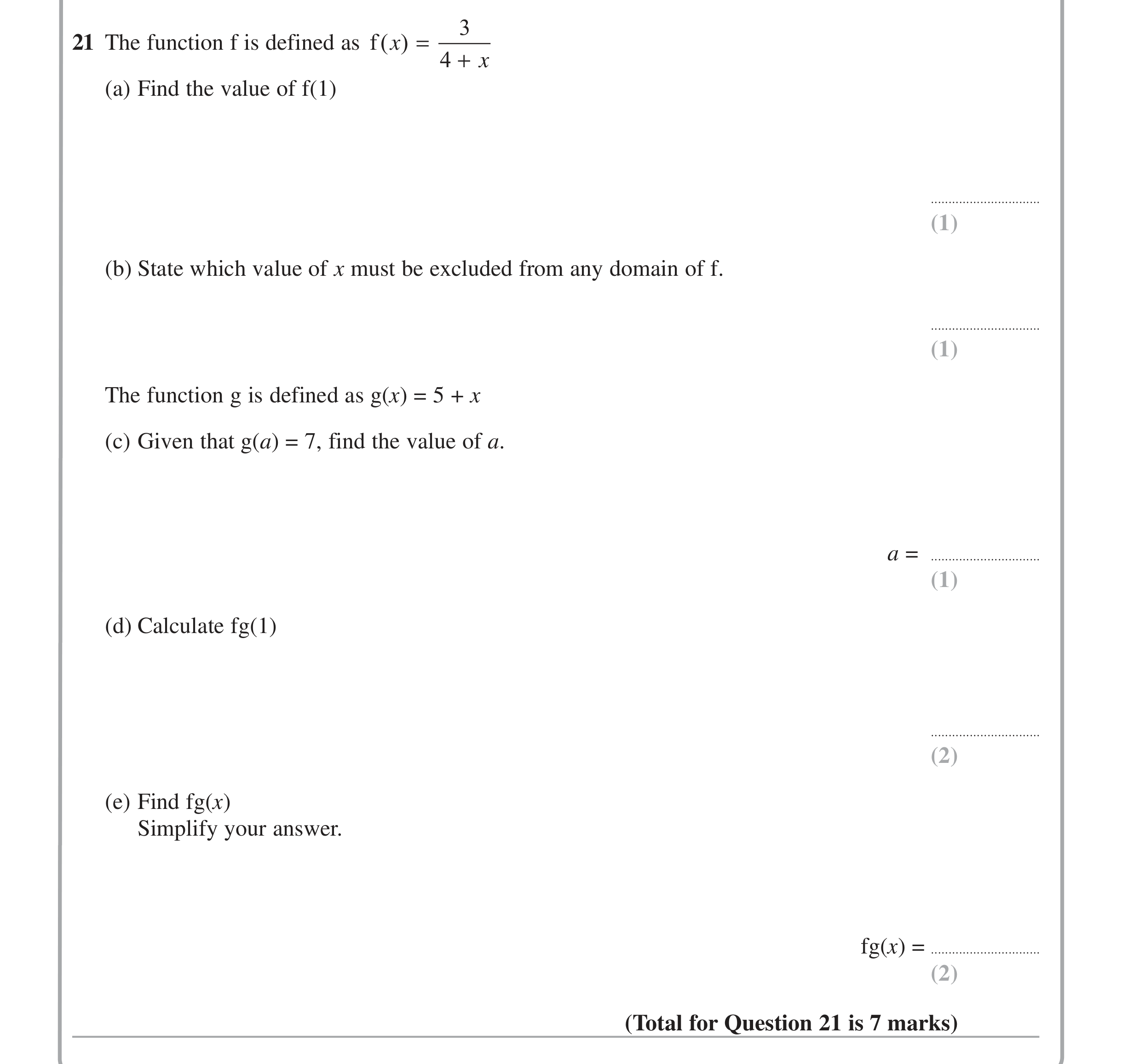 Question 21 — Functions — Edexcel iGCSE June 2014