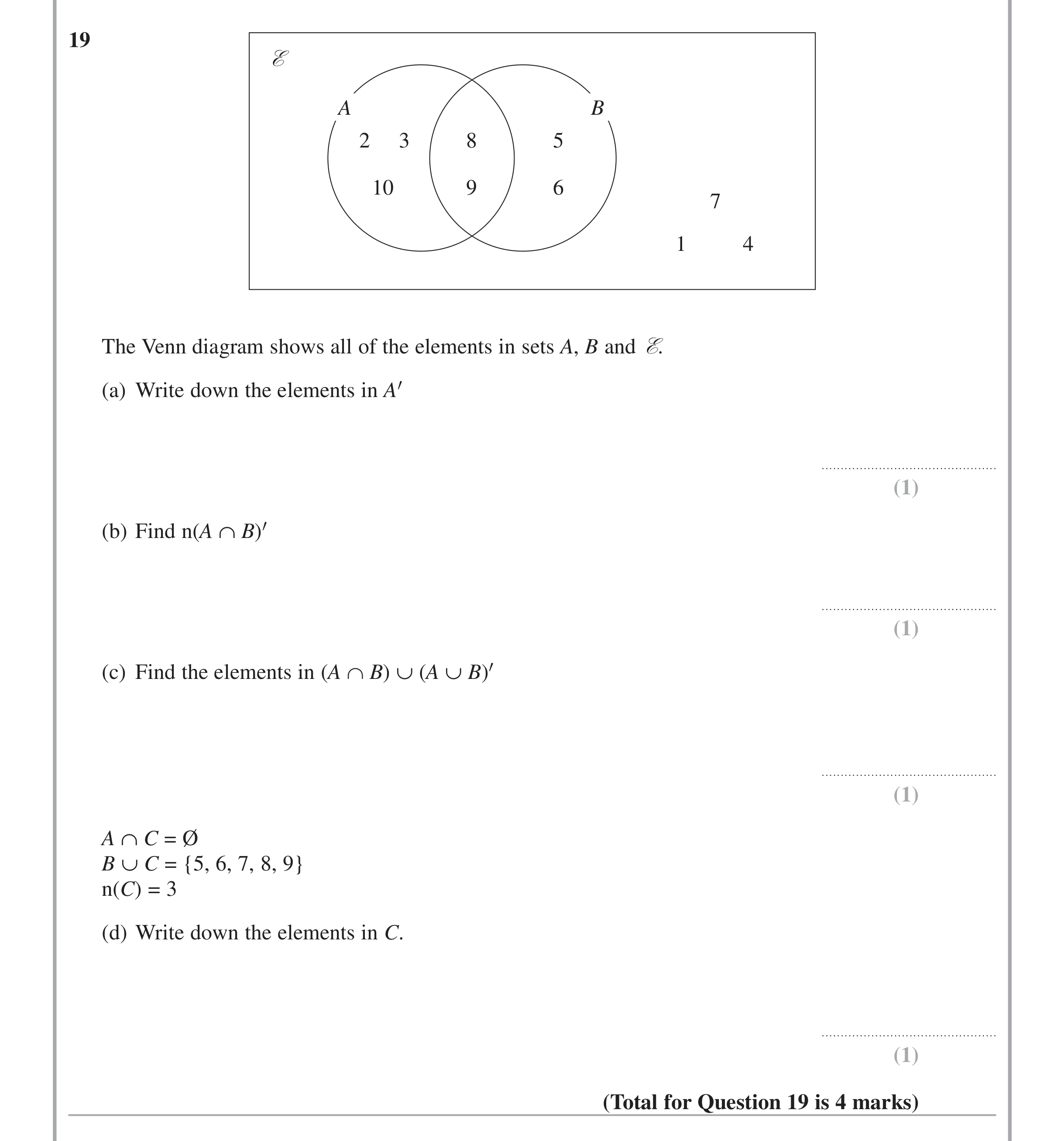 Question 19 — Venn Diagram — Edexcel iGCSE Jan 2015