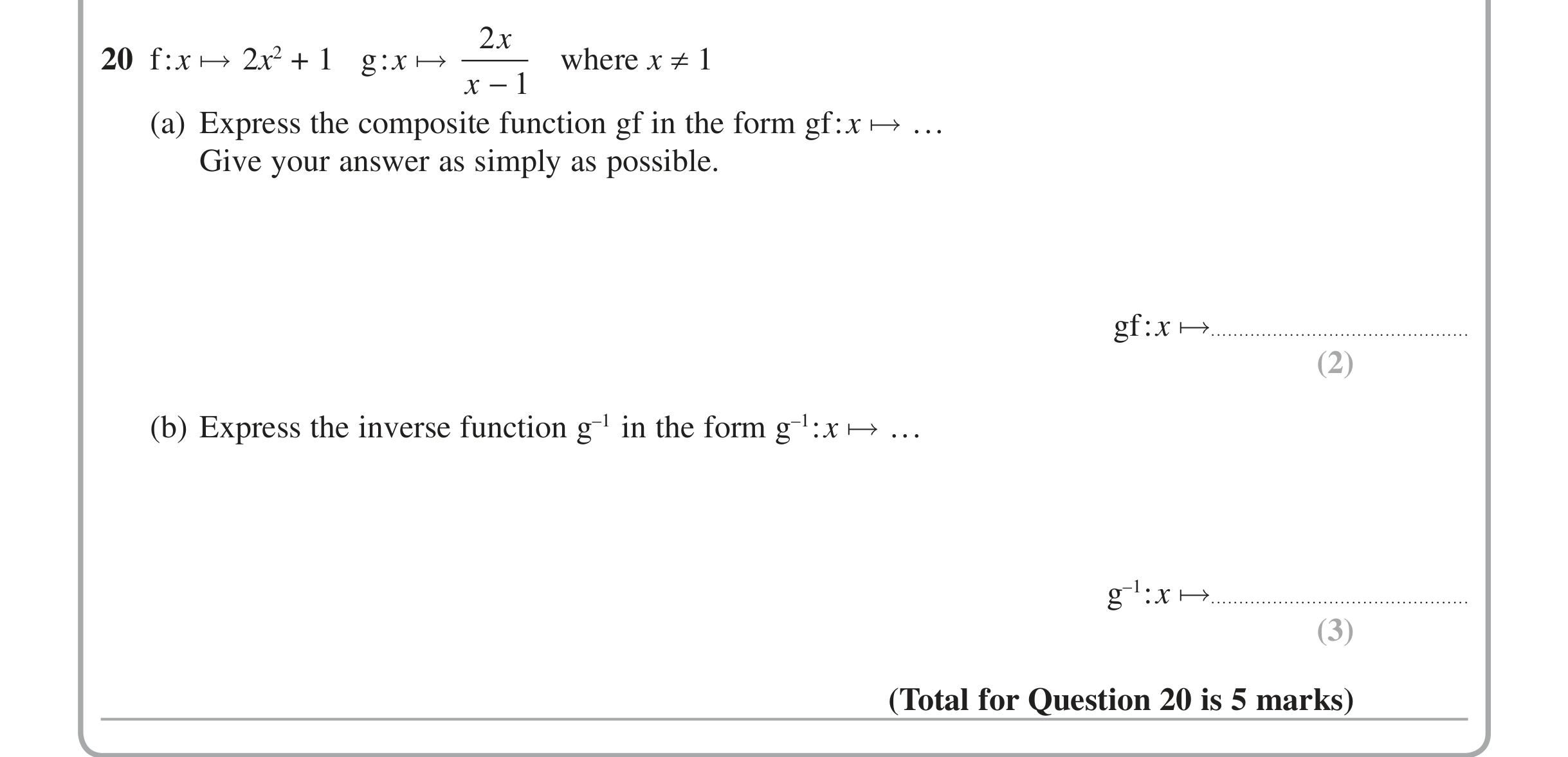 Question 20 — Functions — Edexcel iGCSE Jan 2015