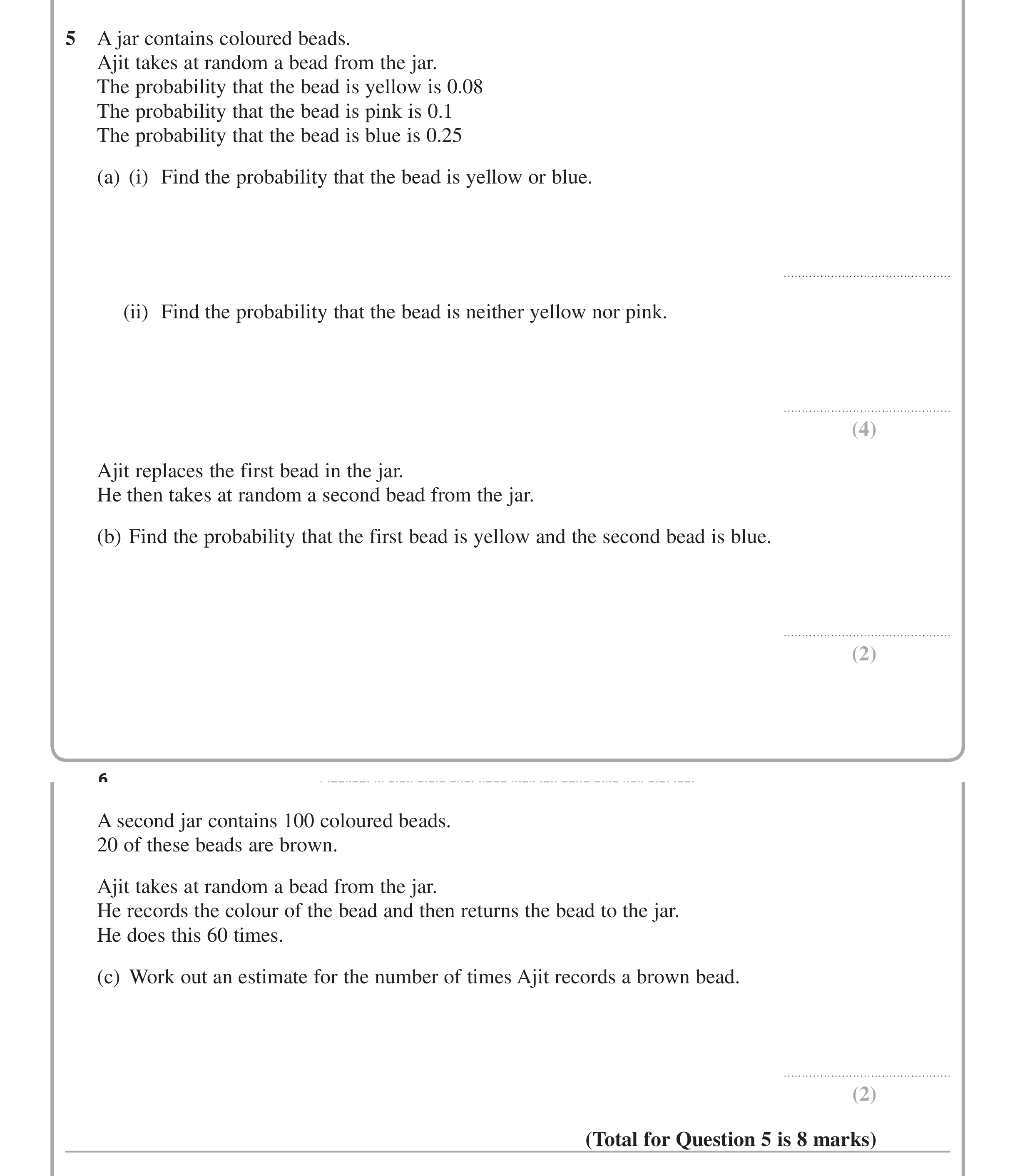 Question 5 — Probability — Edexcel iGCSE Jan 2015