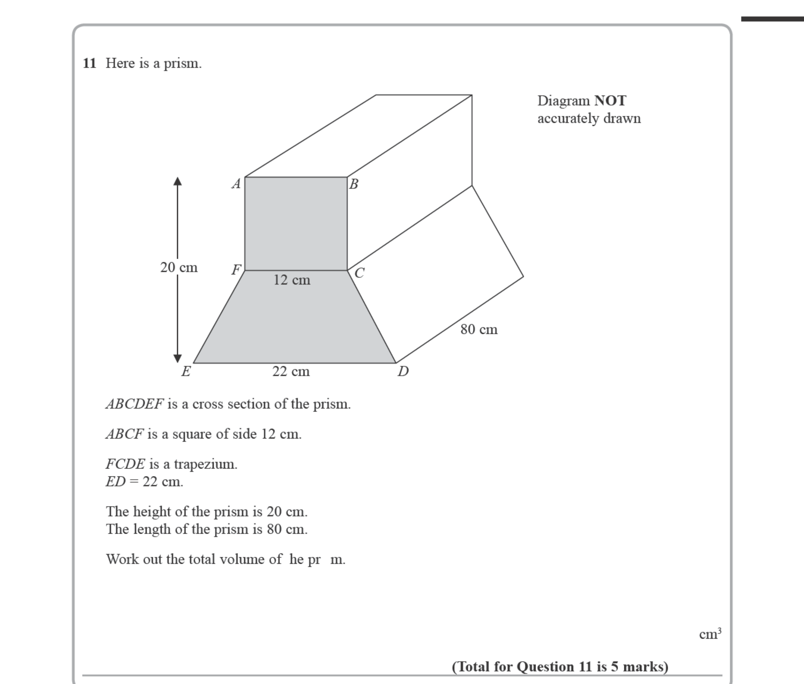 Question 11 — 3D Shapes and Volume — Edexcel iGCSE June 2015