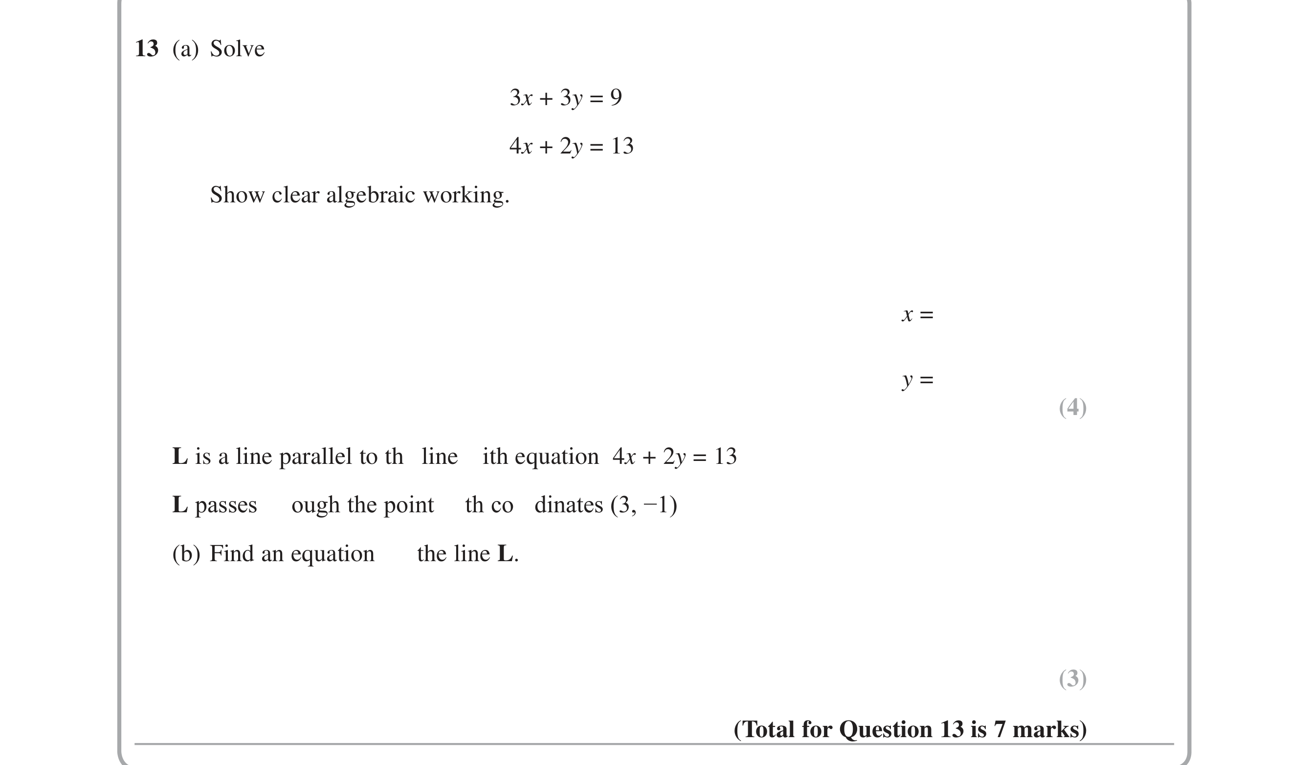 Question 13 — Simultaneous Equations, Straight Line Graphs — Edexcel iGCSE June 2015