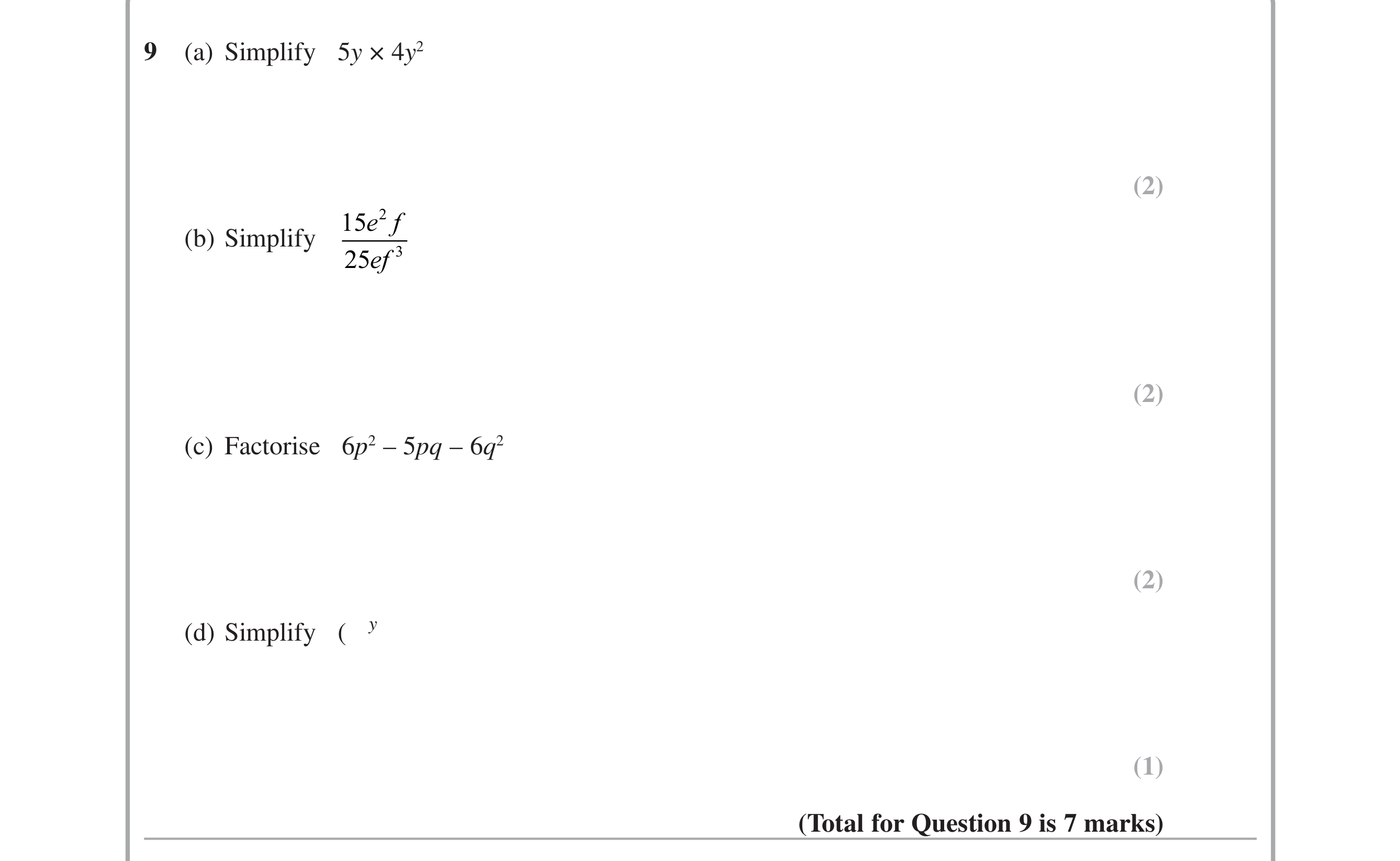 Question 9 — Factorise/Expand/Simplify, Powers — Edexcel iGCSE June 2015