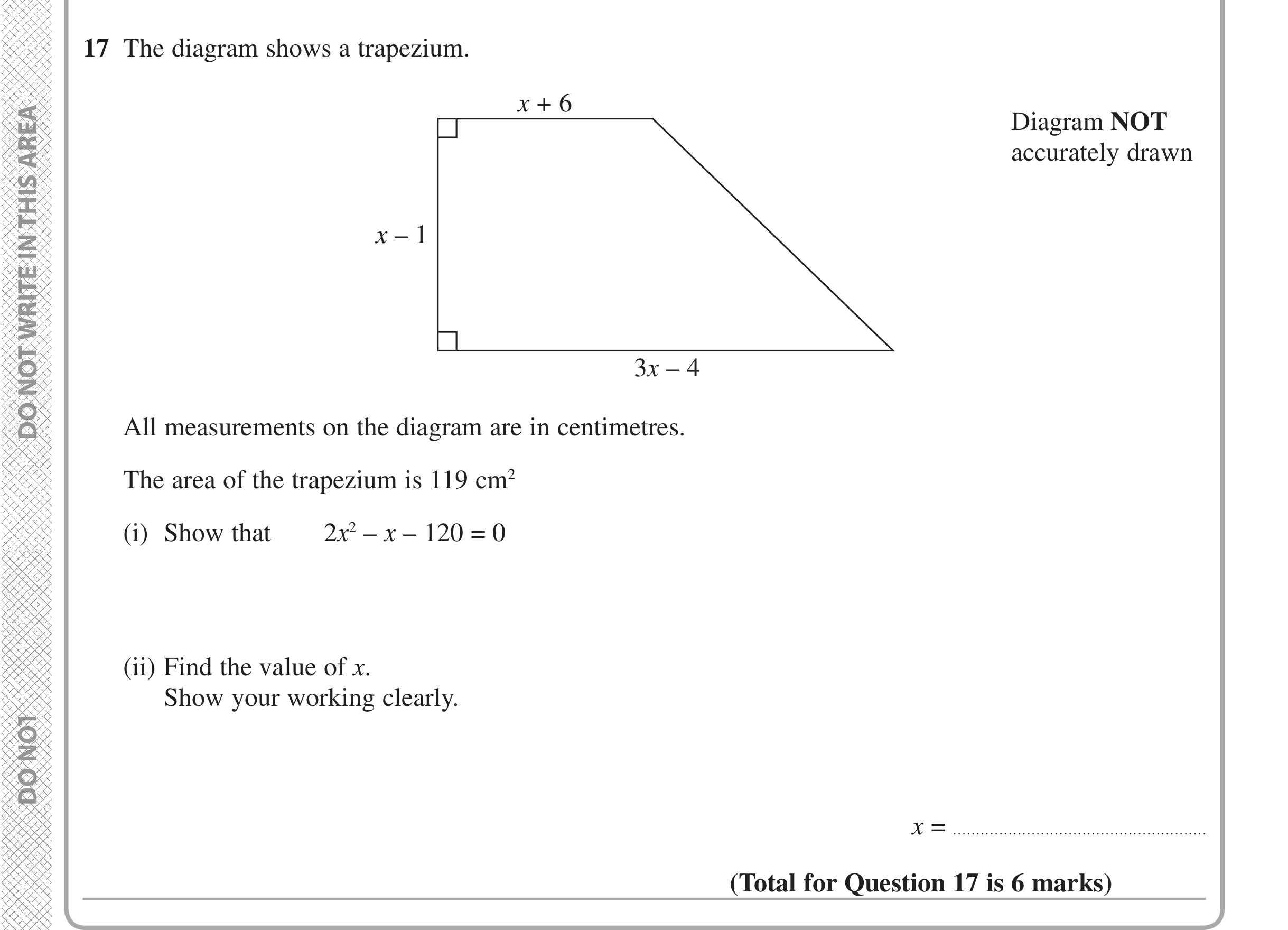 Question 17 — Quadratics — Edexcel iGCSE June 2016