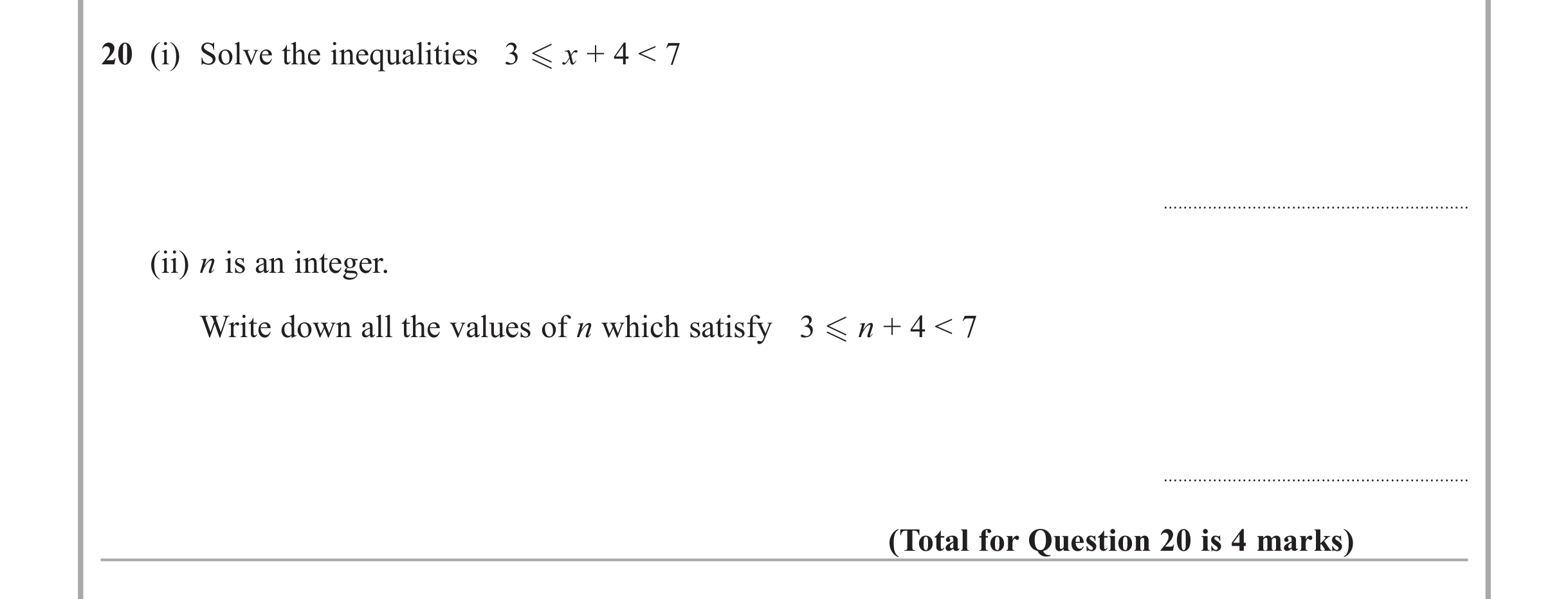 Question 20 — Inequalities — Edexcel iGCSE June 2013