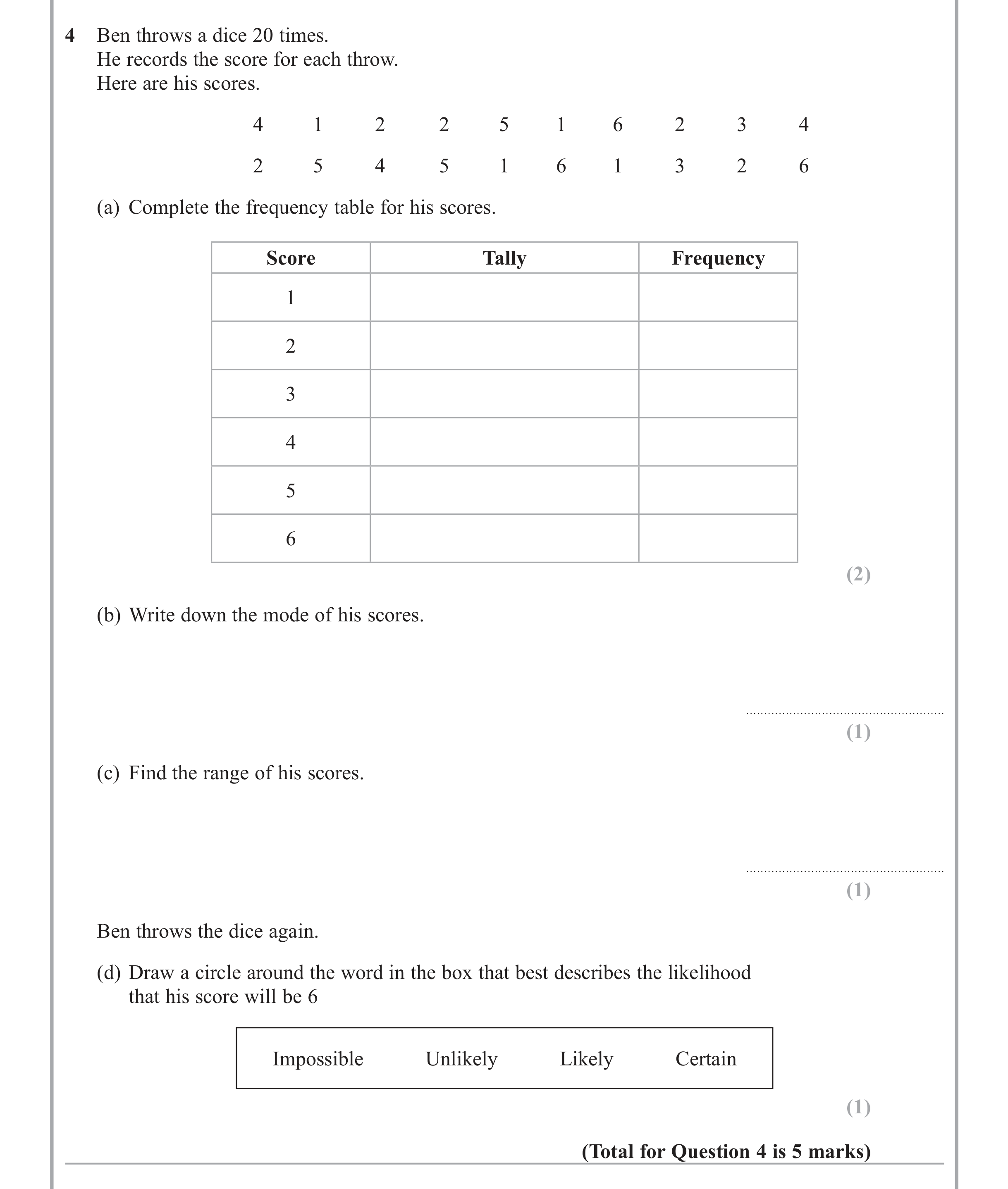 Question 4 — Probability — Edexcel iGCSE June 2015