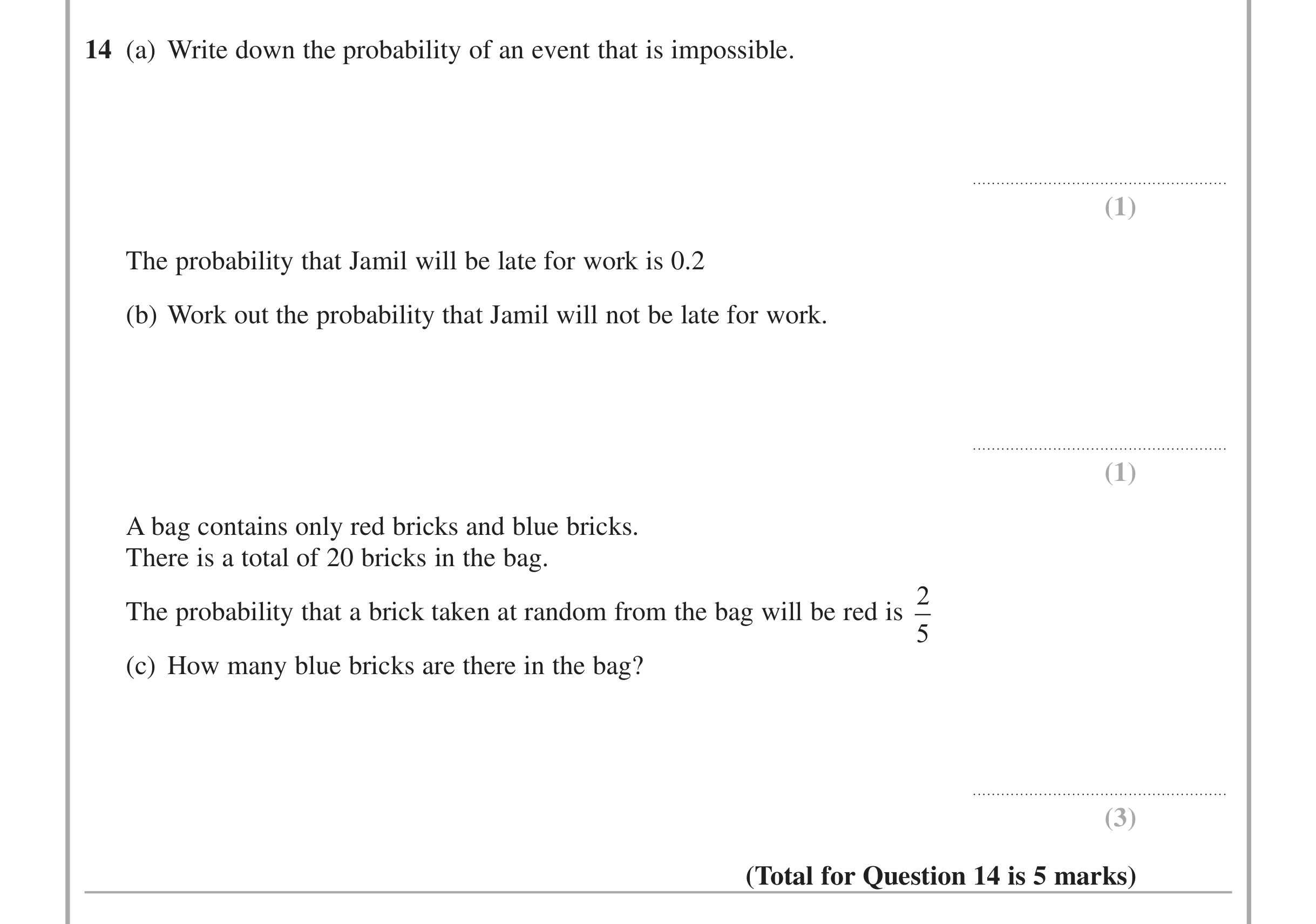 Question 14 — Probability — Edexcel iGCSE June 2015
