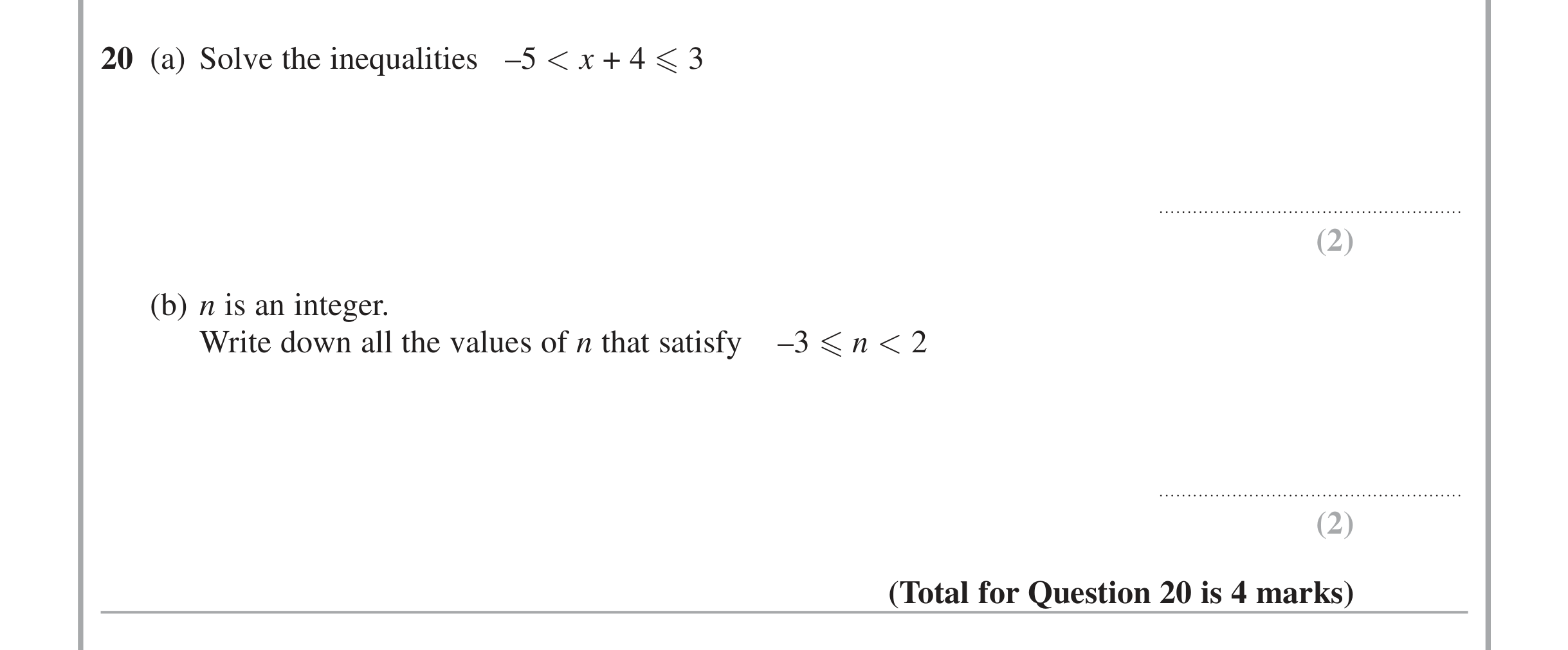 Question 20 — Inequalities — Edexcel iGCSE June 2015