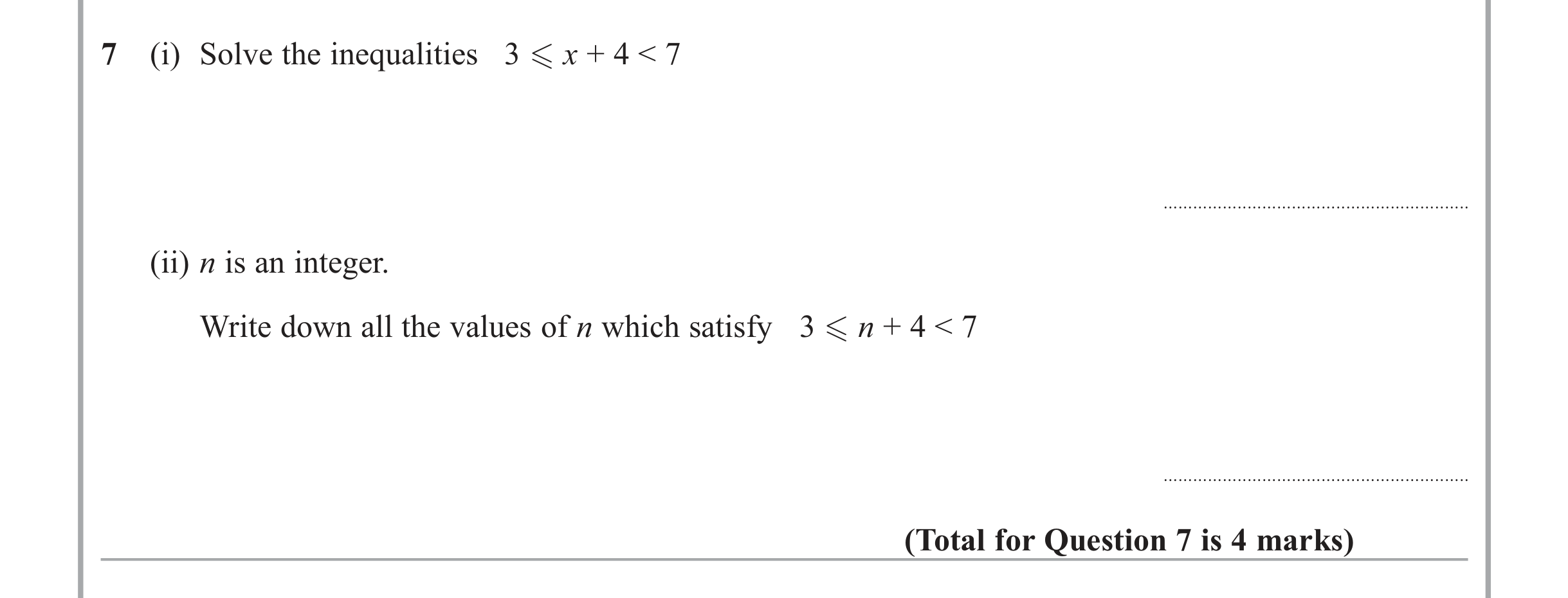 Question 7 — Inequalities — Edexcel iGCSE June 2013