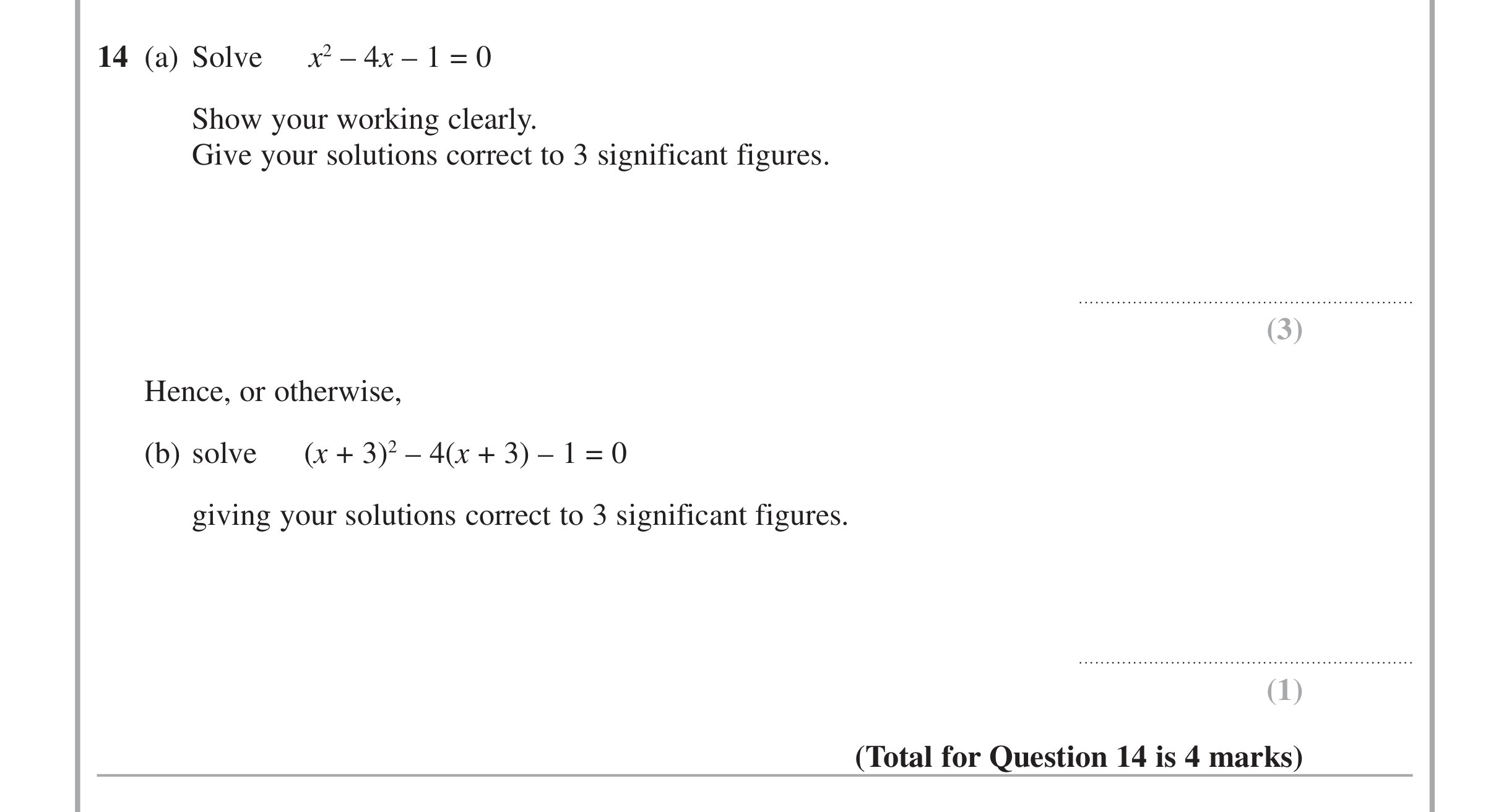 Question 14 — Quadratics — Edexcel iGCSE Jan 2015