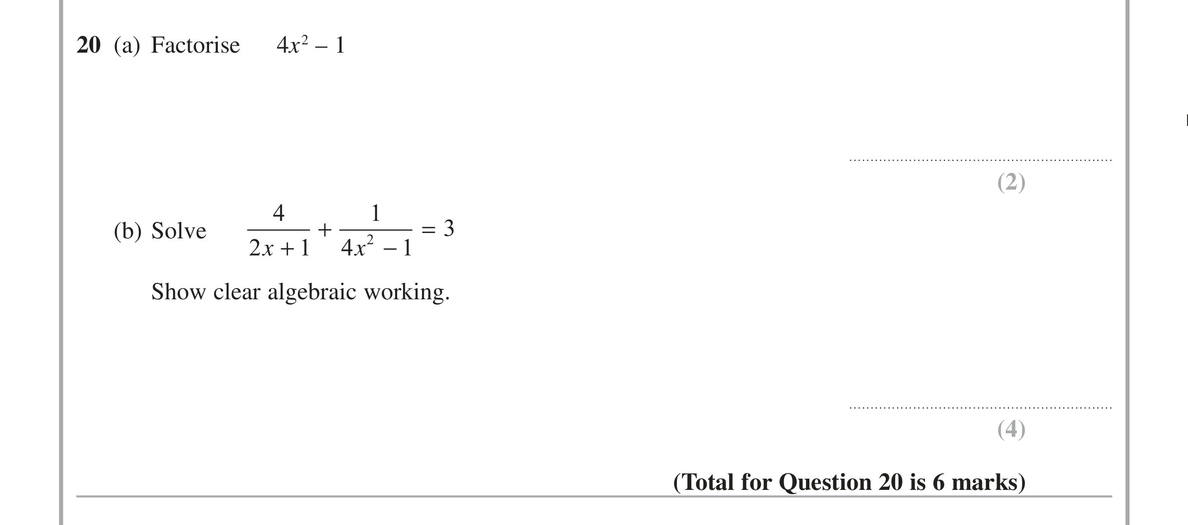 Question 20 — Quadratics — Edexcel iGCSE Jan 2015