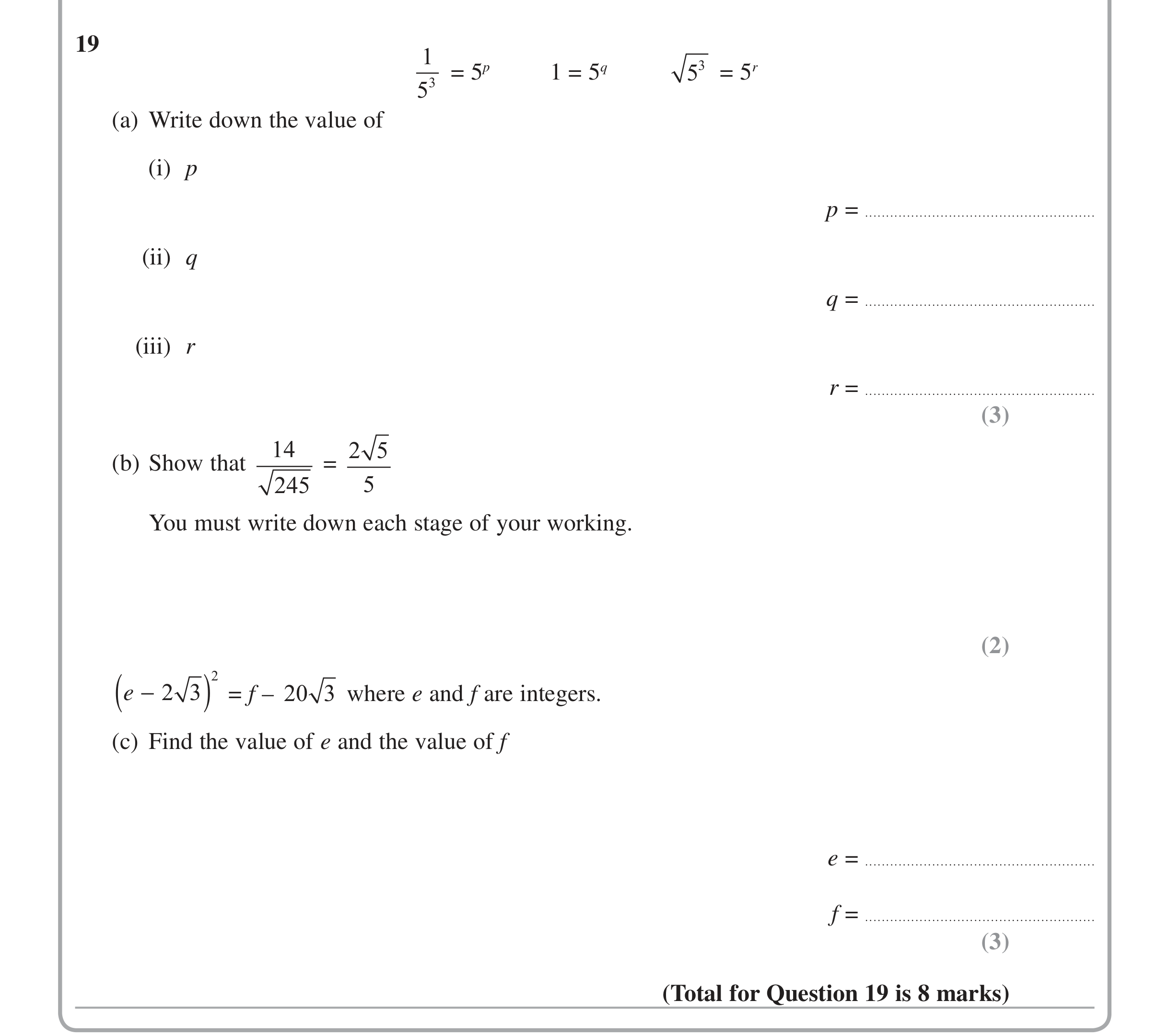 Question 19 — Indices and Surds — Edexcel iGCSE June 2015