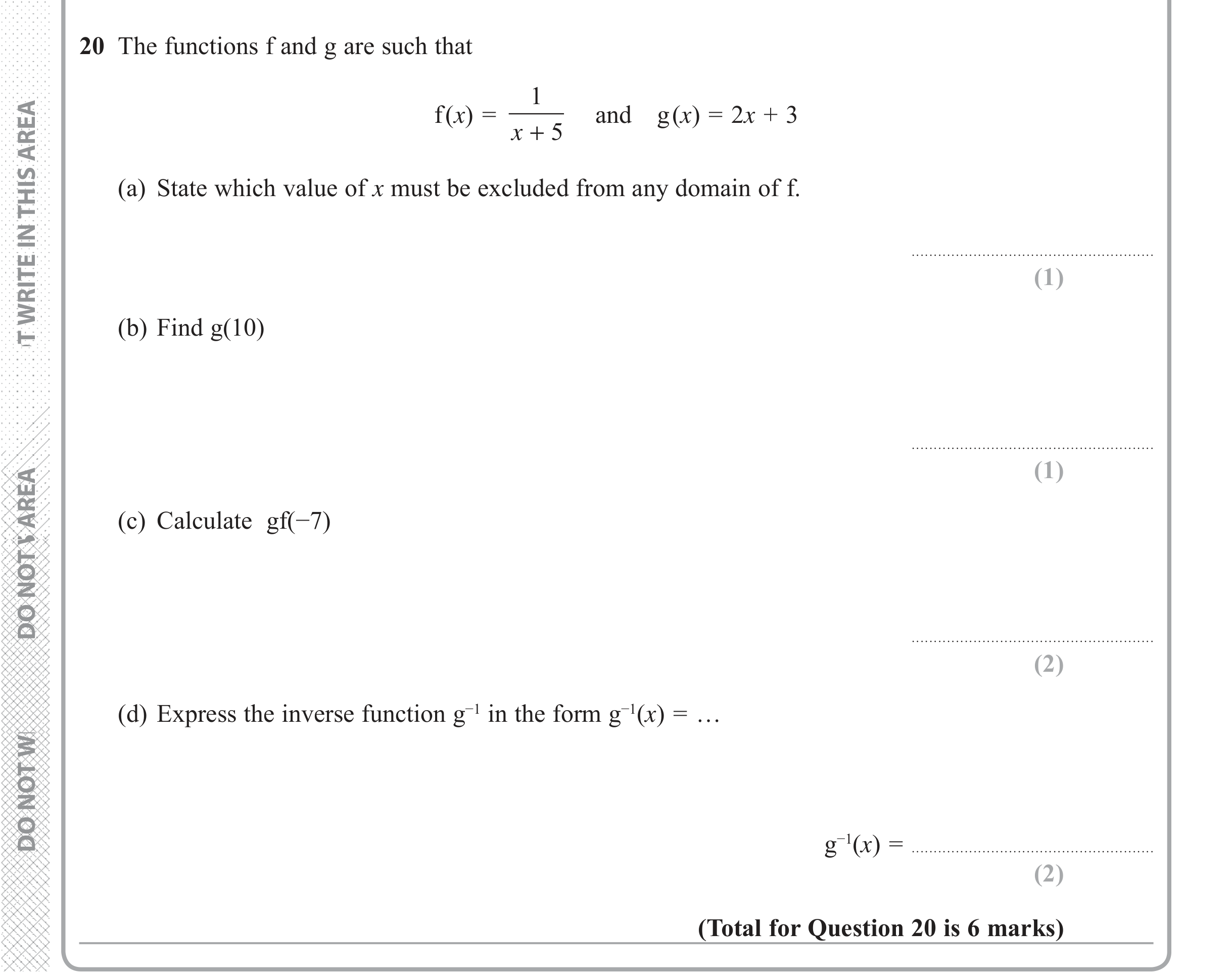 Question 20 — Functions — Edexcel iGCSE June 2017